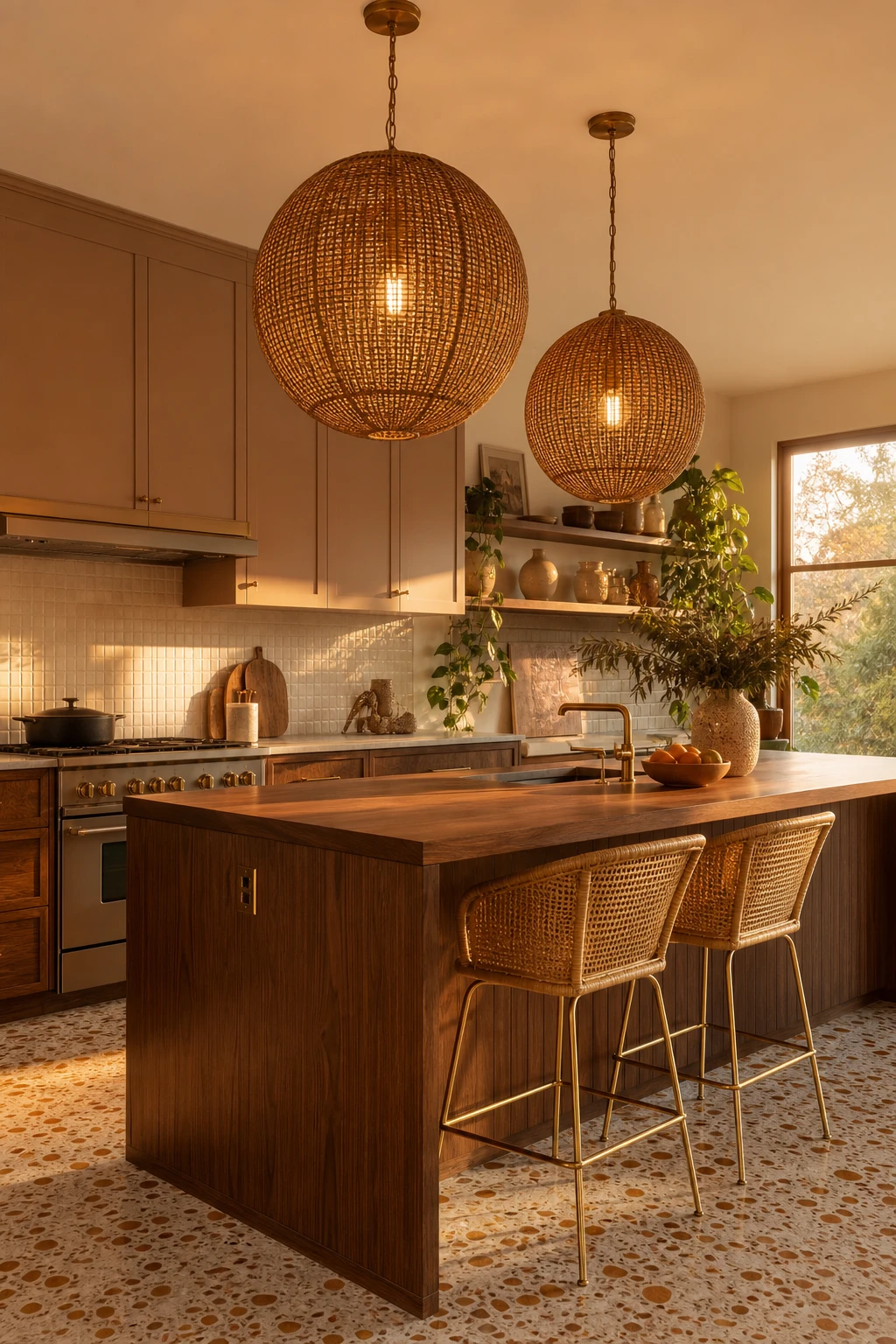 Boho Midcentury Modern Kitchen with chandelier pendants as hero, warm rattan globes over an island, open shelving, terrazzo floor, Farrow and Ball Roasted Macadamia walls