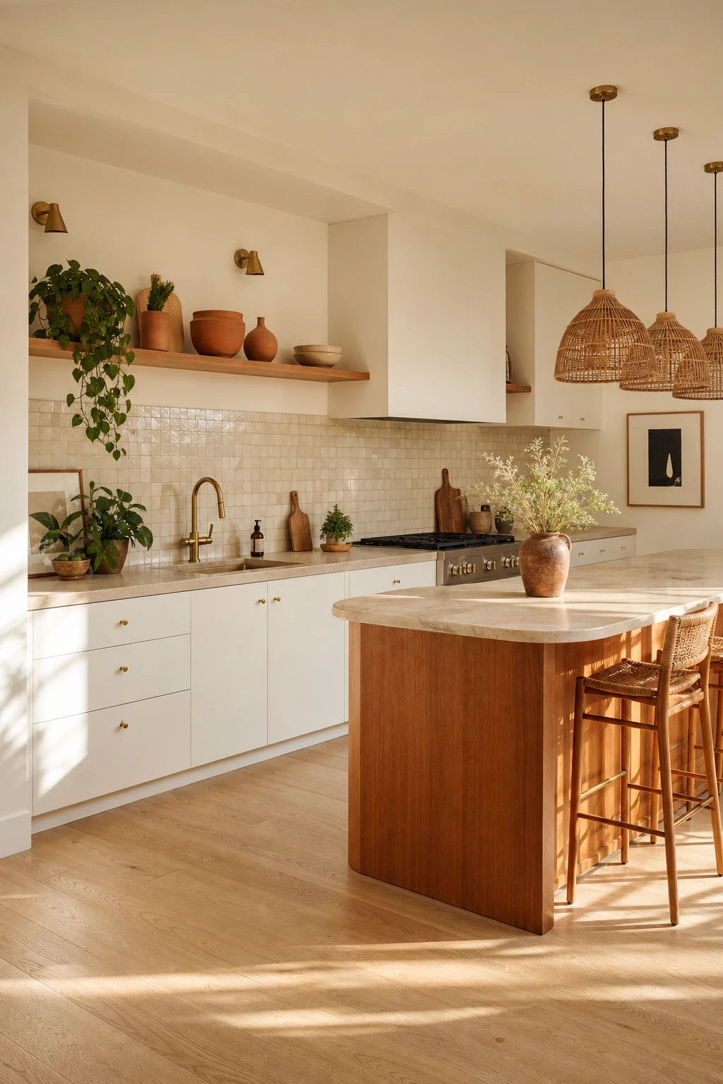 Boho Midcentury Modern Kitchen with crisp white base cabinets, warm wood accents, rattan pendant lights and terracotta accessories in soft natural light