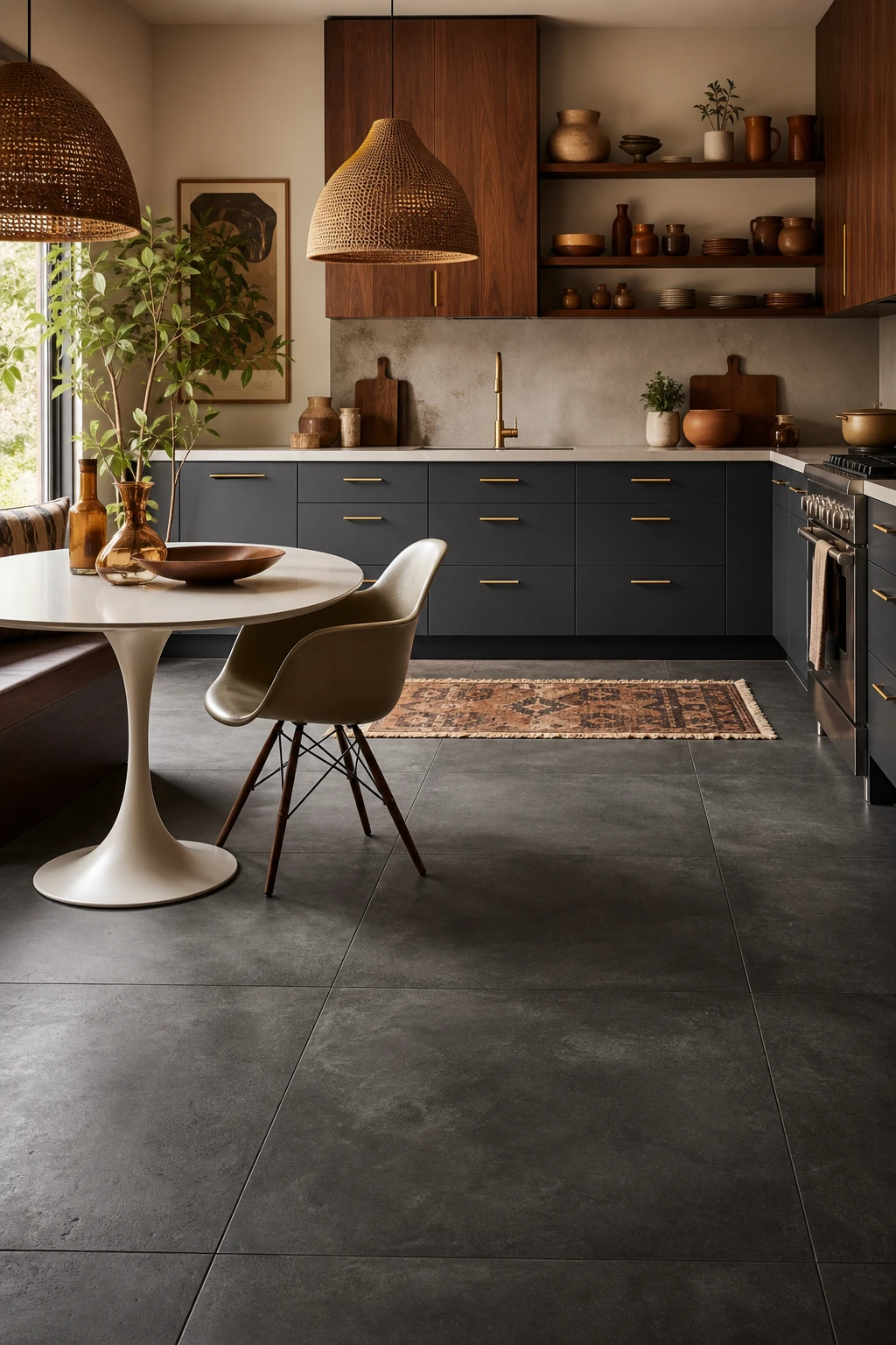 Boho Midcentury Modern Kitchen with dark grey floor tiles as hero, warm walnut cabinetry, rattan pendants, terracotta accents and Farrow and Ball Plummett painted lower cabinets