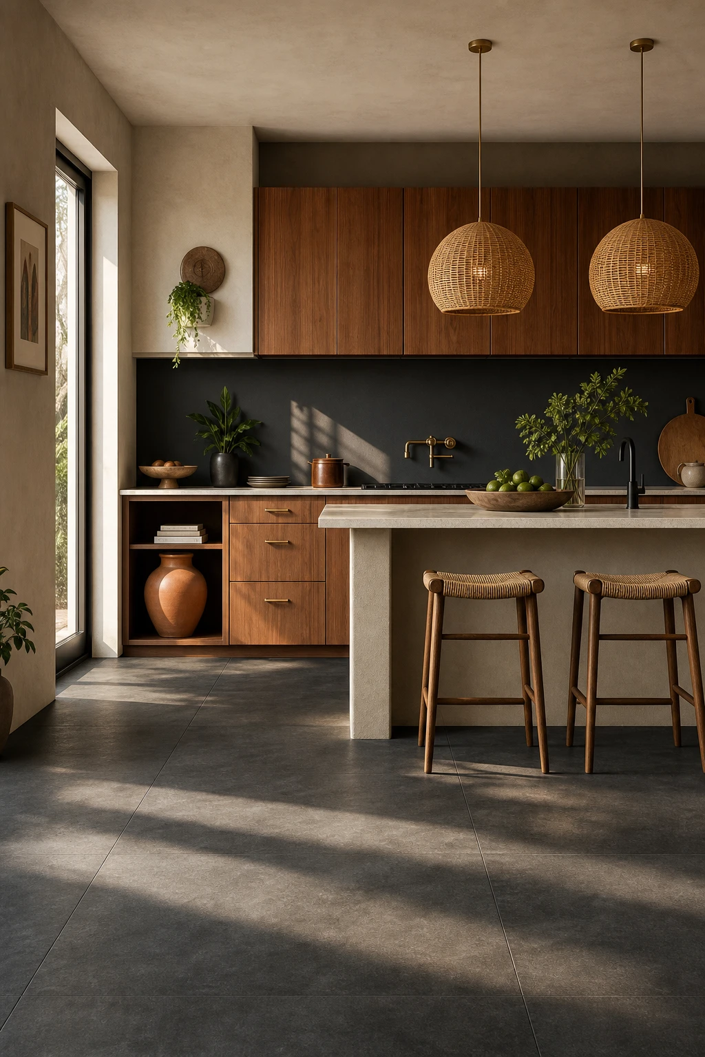 Boho Midcentury Modern Kitchen with dark grey floor tiles as the hero, warm wood cabinets, rattan pendants, and terracotta accents under natural light