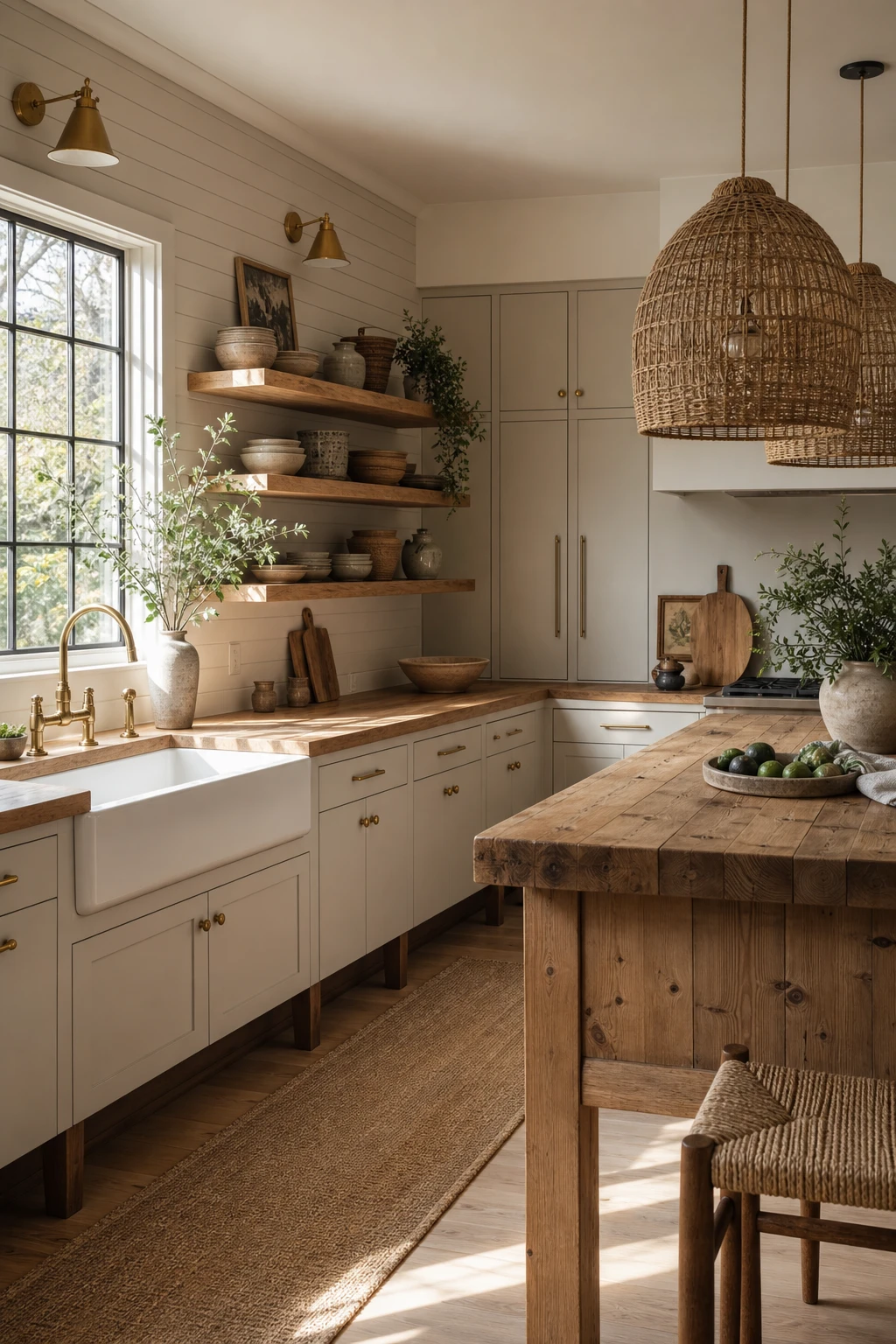 Boho Midcentury Modern Kitchen with farmhouse fusion elements, warm neutral Skimming Stone walls, open shelving, rattan pendants, and apron sink in natural morning light