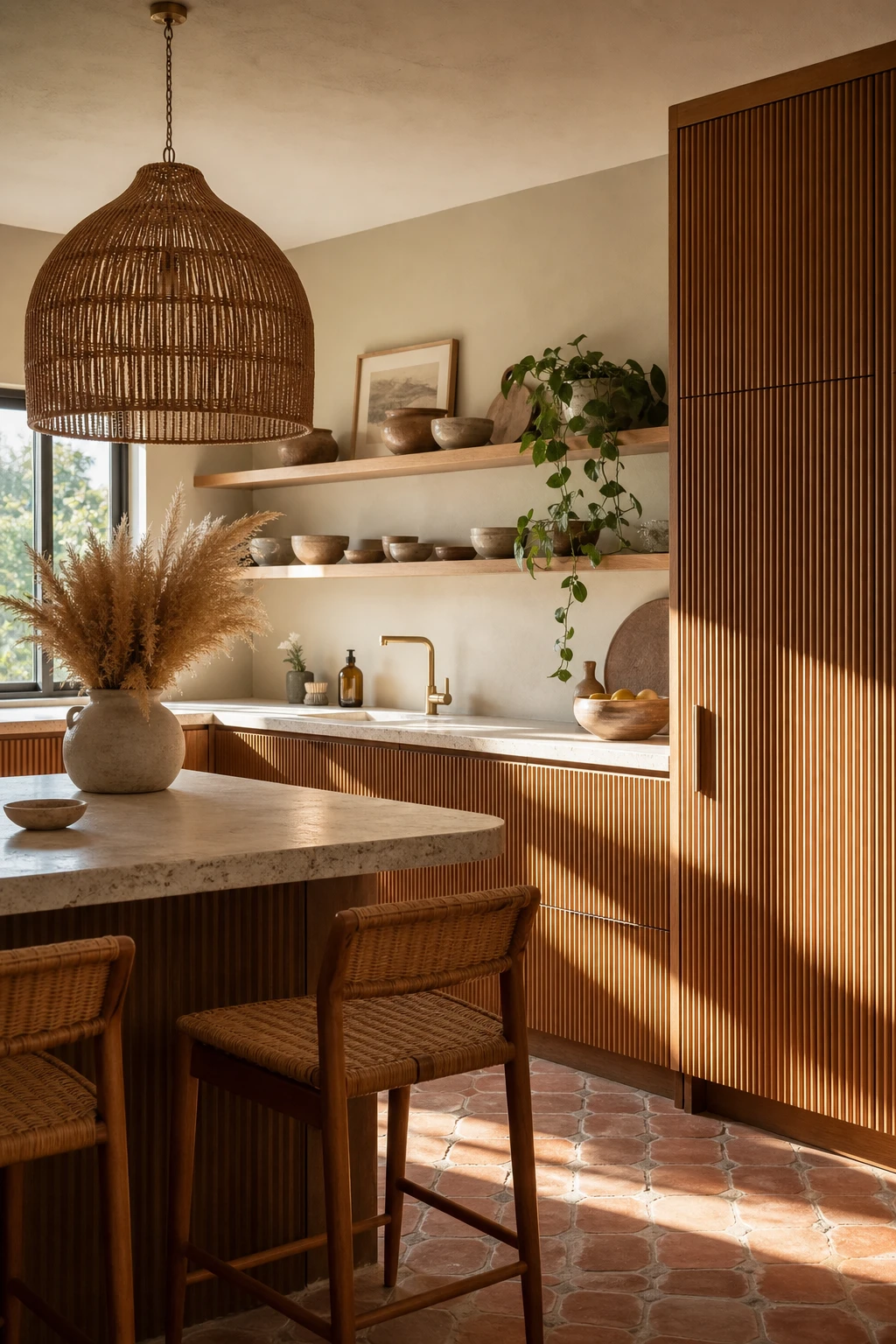 Boho midcentury modern kitchen with fluted wood cabinet fronts as the hero, warm Stony Ground walls, rattan pendant lights, and terracotta tile floor