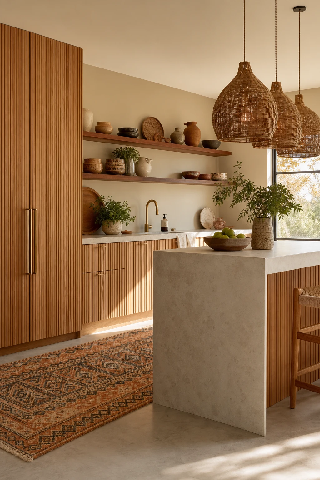Boho midcentury modern kitchen with fluted wood cabinets as hero, warm natural light, rattan pendants, open shelving, and Farrow & Ball Buff painted walls