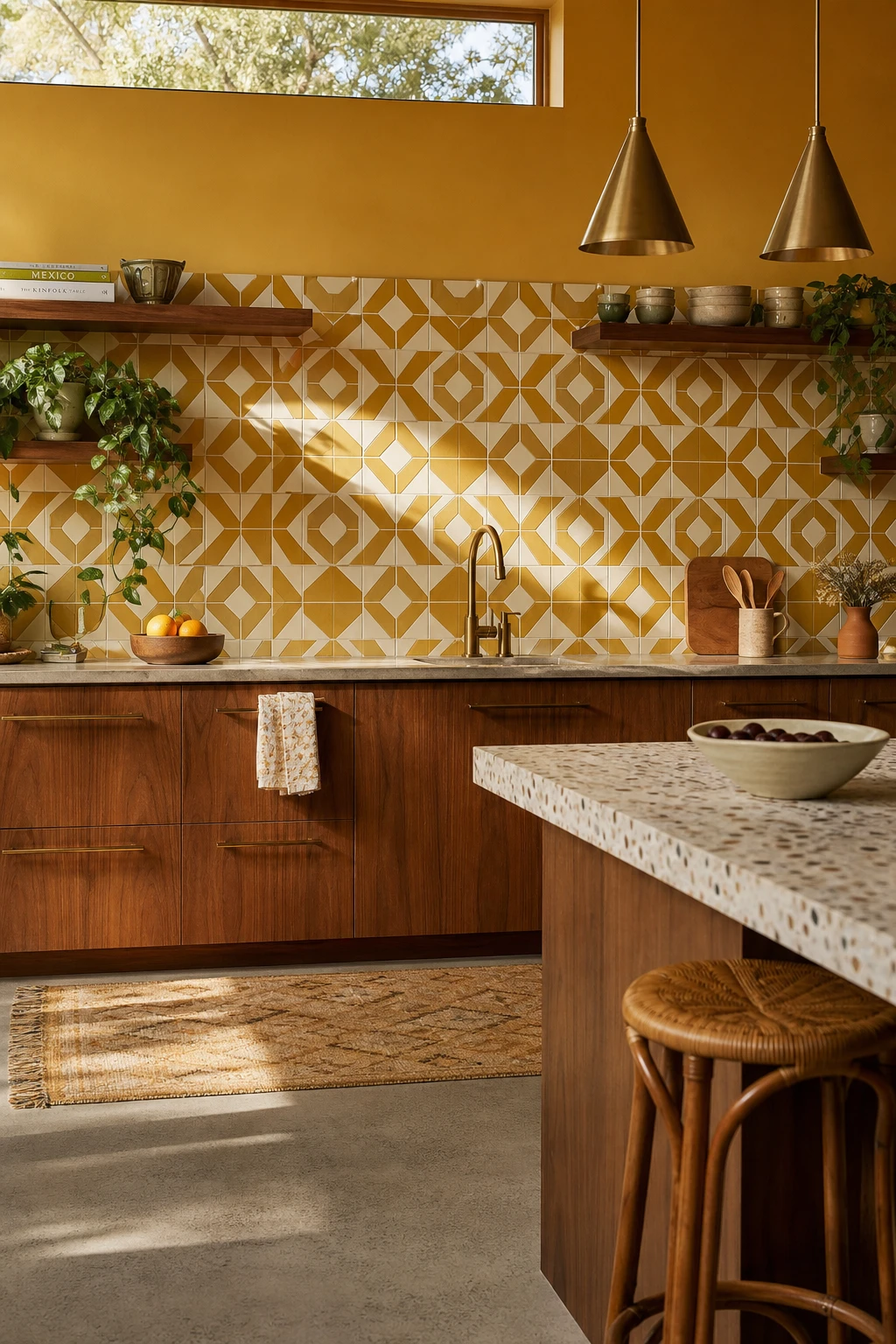 Boho Midcentury Modern Kitchen with geometric tile backsplash in mustard and cream, walnut cabinets, brass fixtures, and Farrow and Ball Babouche painted upper walls