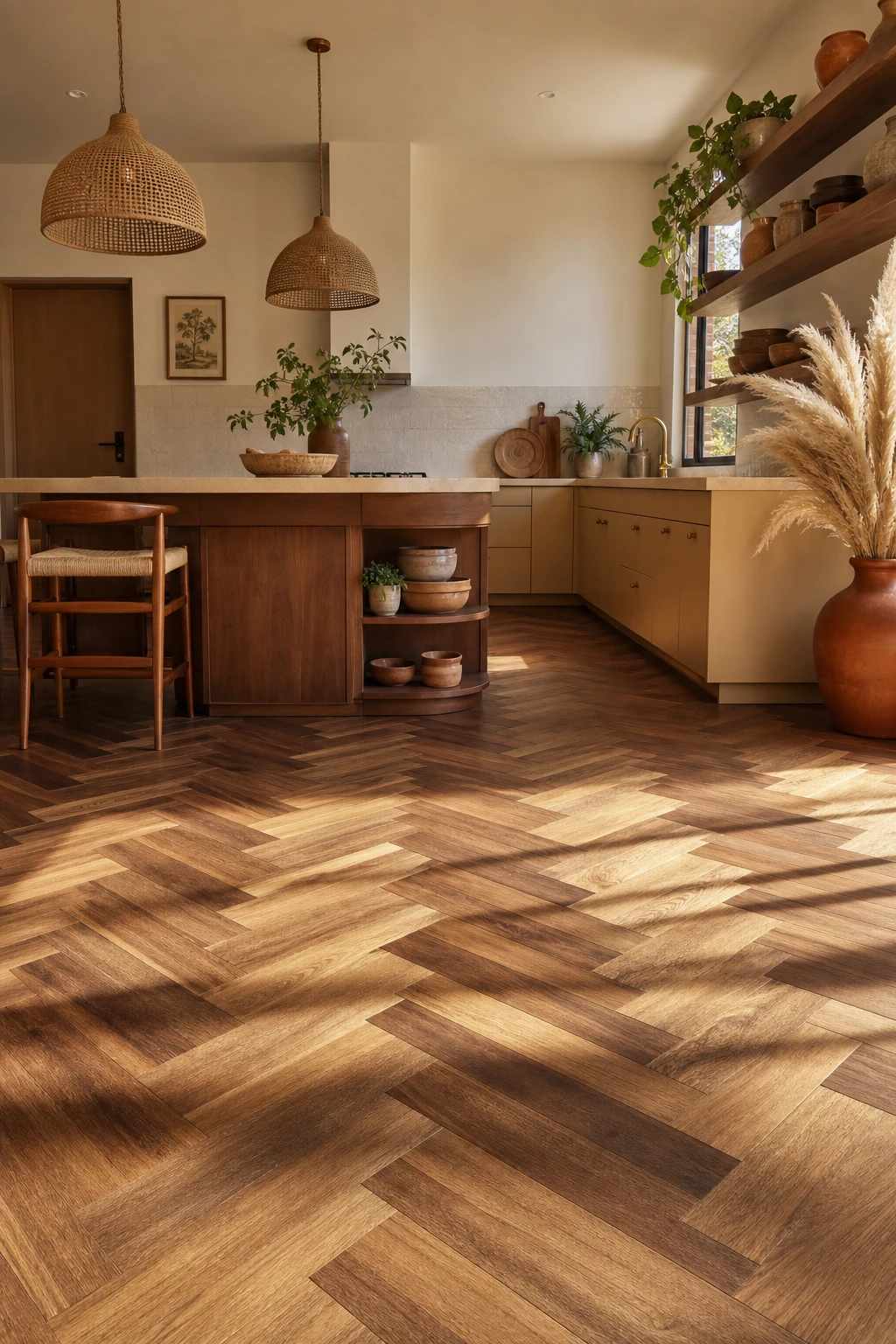 Boho Midcentury Modern Kitchen with herringbone parquet floor as hero, warm walnut tones, open shelving, rattan pendants, and Farrow and Ball Roasted Macadamia walls