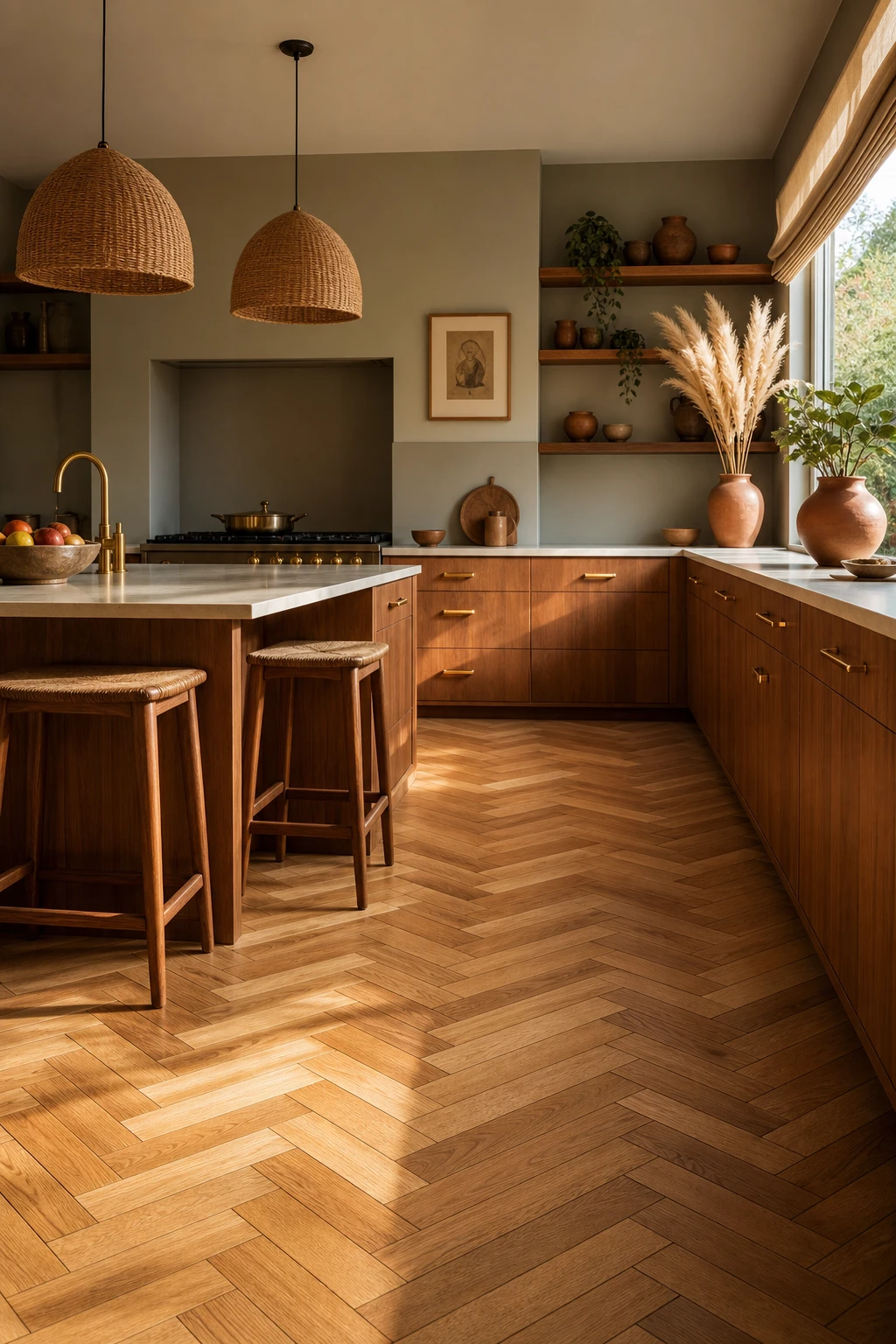 Boho Midcentury Modern Kitchen with herringbone parquet wood floor as hero, warm neutral walls, flat front cabinetry, rattan pendants and terracotta accents