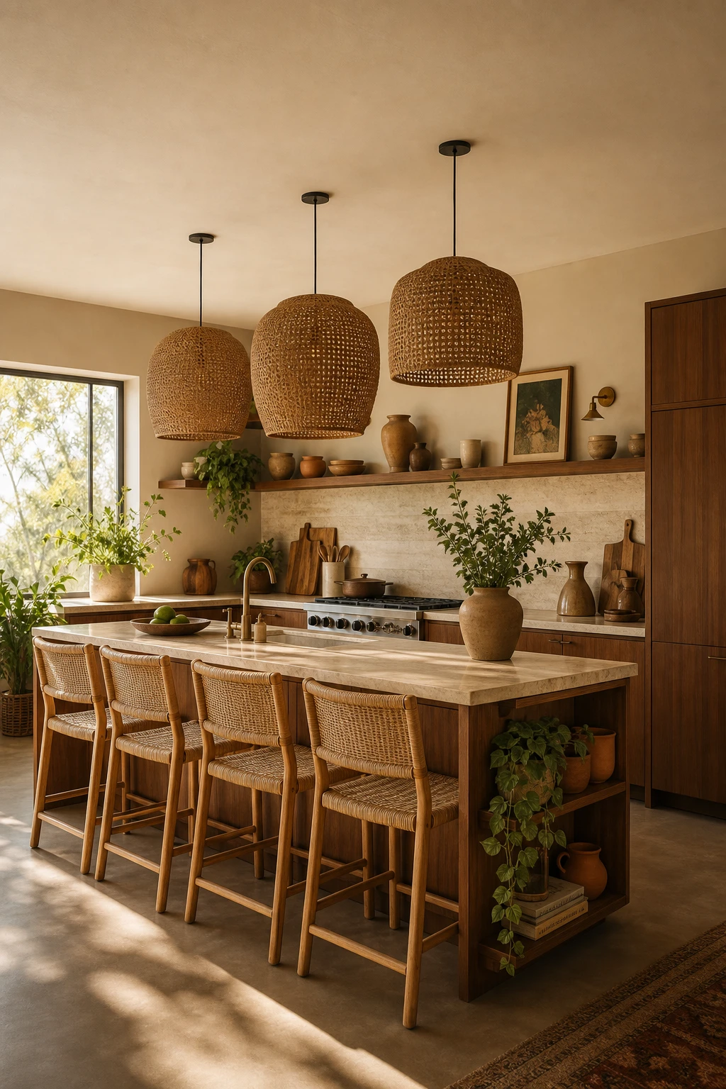 Boho Midcentury Modern Kitchen with layered warmth, warm neutral walls, rattan pendants, teak cabinetry, woven stools, and terracotta accents in soft natural light