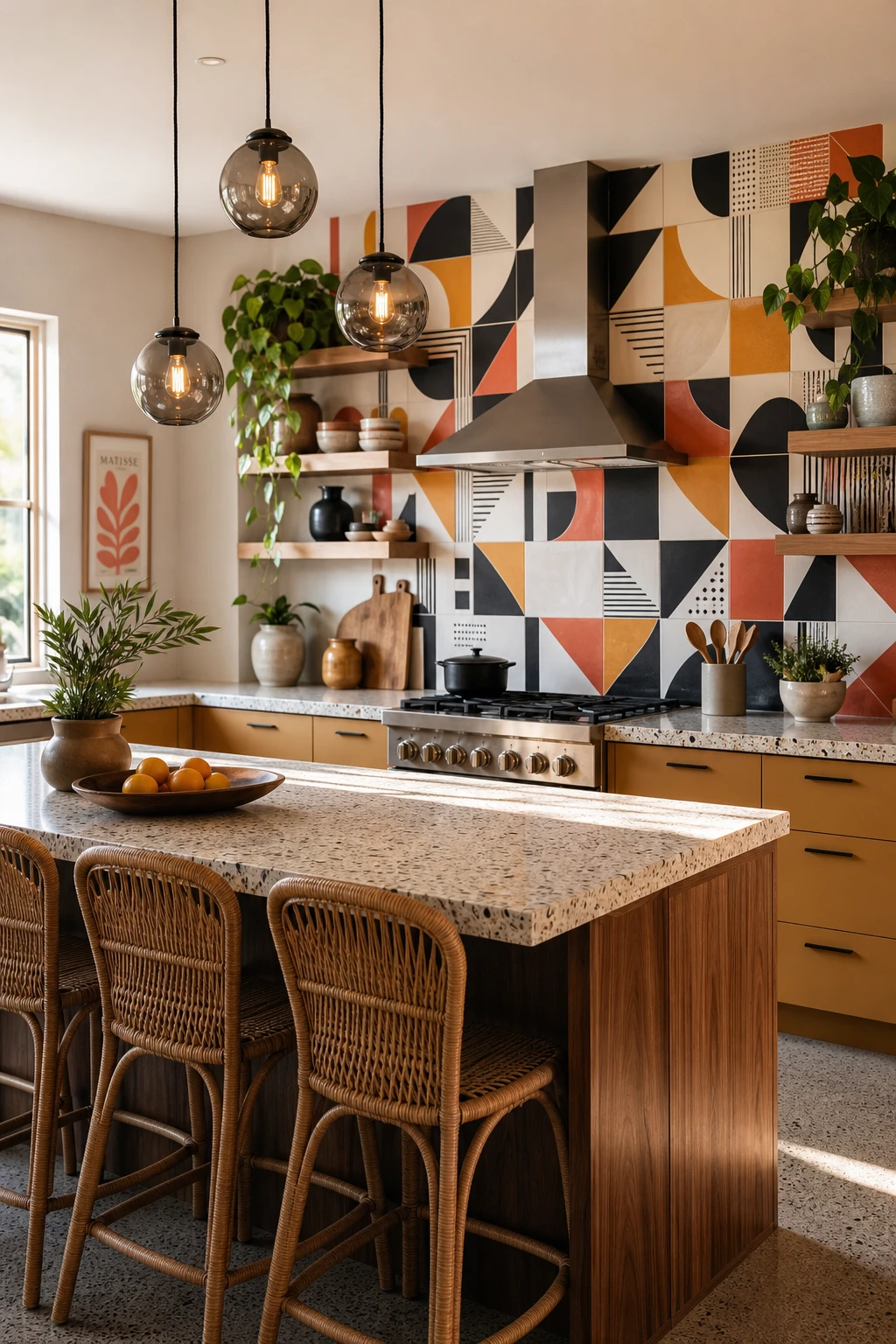 Boho Midcentury Modern Kitchen with Memphis pattern play on a tiled backsplash, Farrow and Ball Babouche yellow cabinetry, rattan stools, and terrazzo countertop