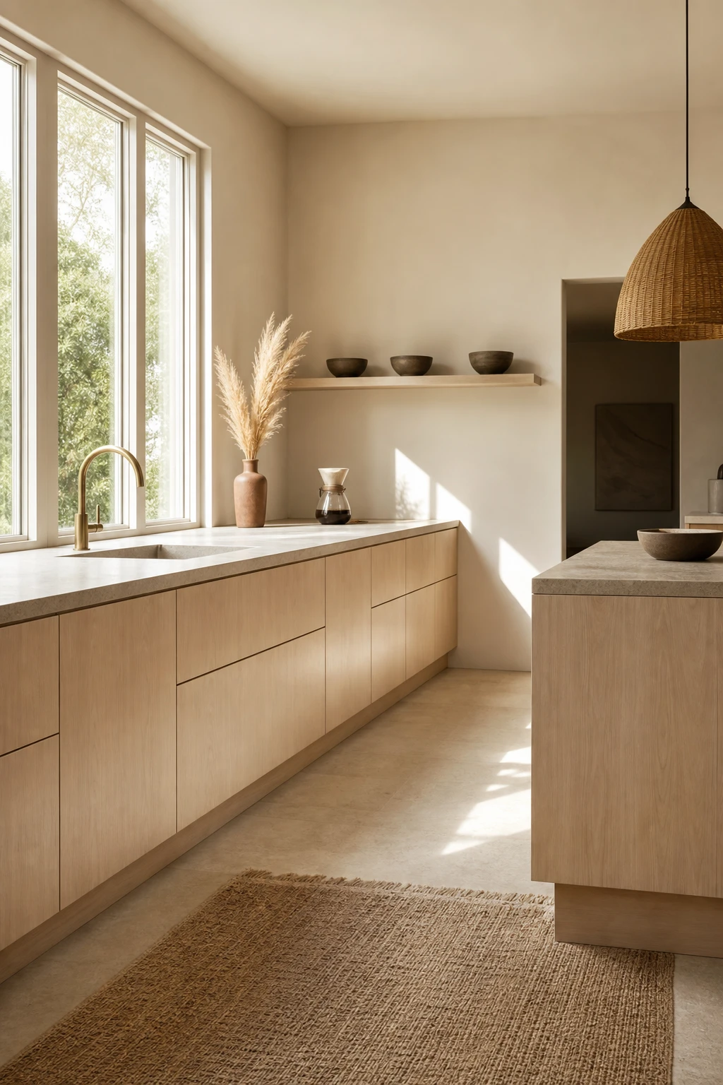 Boho Midcentury Modern Kitchen with Nordic Simplicity as the hero, flat front cabinetry, warm wood tones, Skimming Stone walls and rattan accents in soft morning light