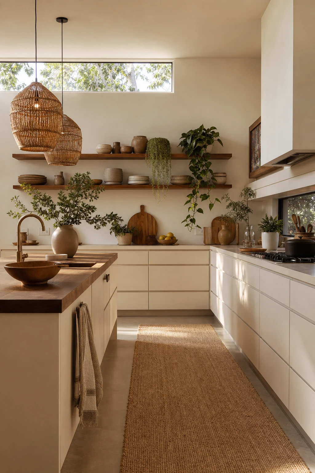 Boho Midcentury Modern Kitchen with Nordic Simplicity hero, warm white cabinetry, rattan pendants, open shelving, and organic textures in soft morning light