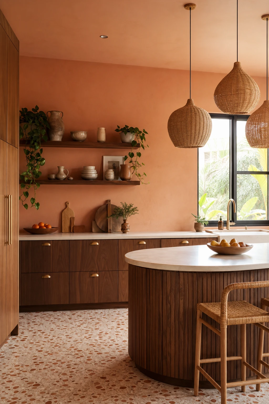 Boho Midcentury Modern Kitchen with peach walls painted in Farrow and Ball Potted Shrimp, walnut cabinetry, rattan pendant lights and terrazzo floors