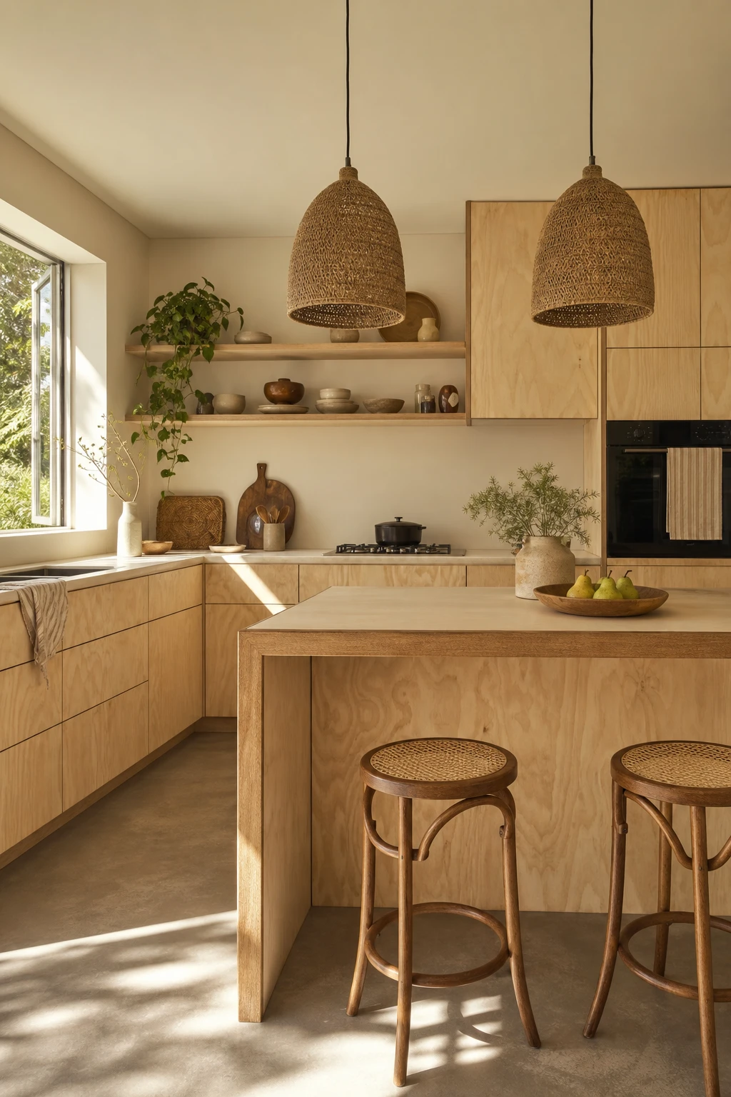 Boho Midcentury Modern Kitchen with raw plywood cabinetry as the hero, warm natural light, open shelving, woven pendants, and Farrow & Ball Matchstick walls