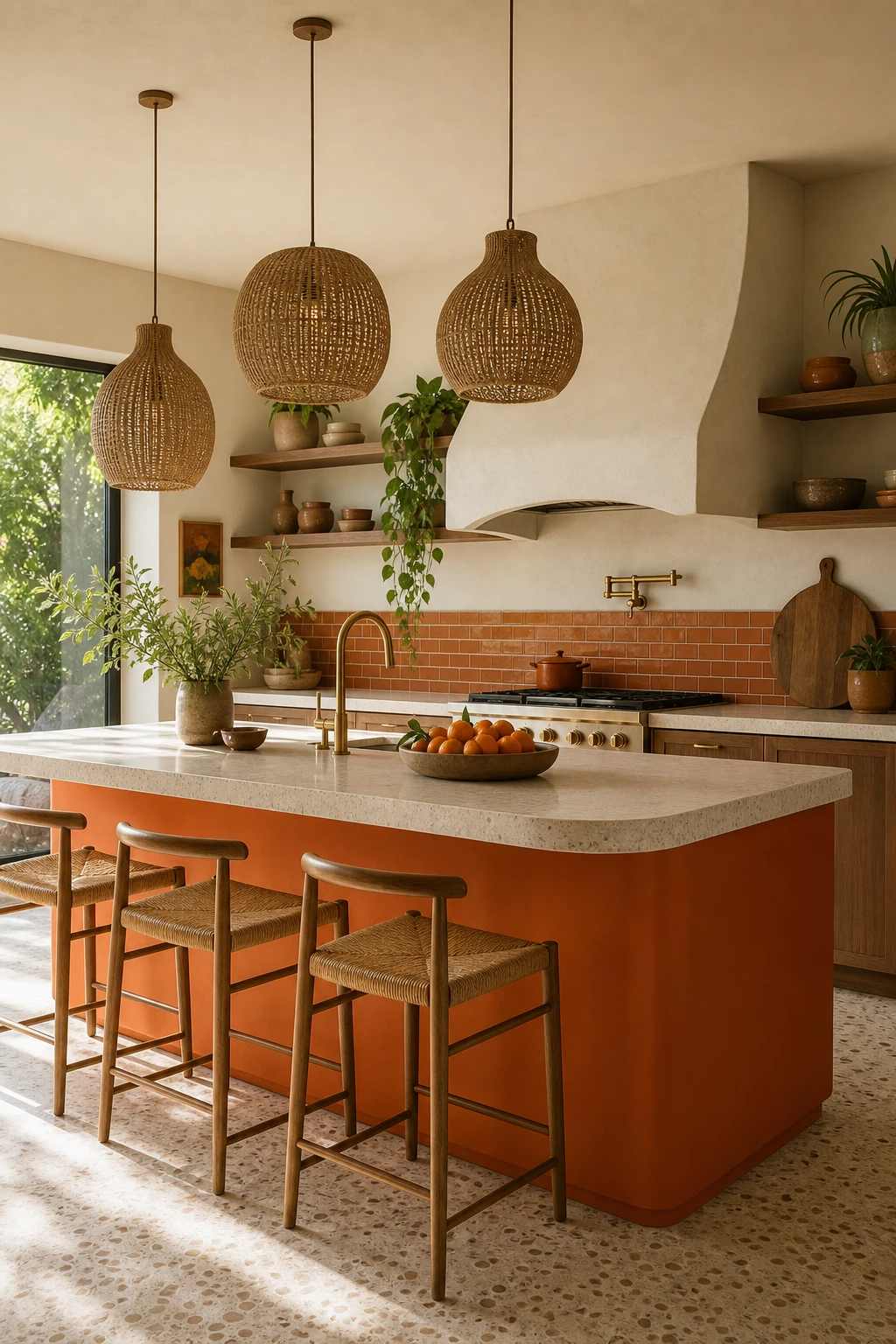 Boho midcentury modern kitchen with retro orange accents, open shelving, walnut cabinetry, terrazzo floor and rattan pendants in warm morning light