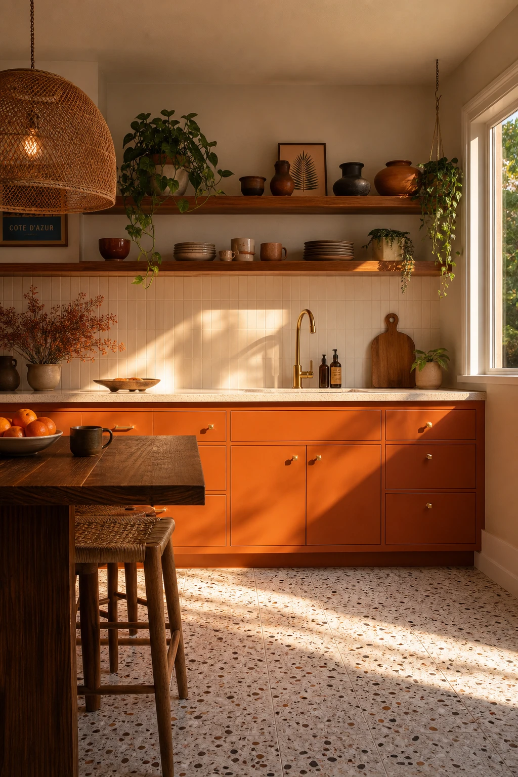Boho midcentury modern kitchen with retro orange cabinetry as the hero, warm afternoon light, rattan pendant, terrazzo floor, and open shelving with ceramic vessels