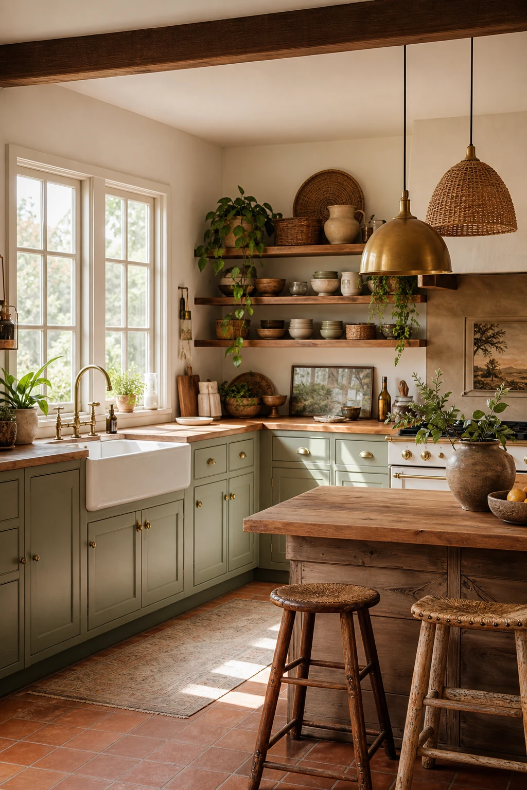 Boho Midcentury Modern Kitchen with rural retro blend of warm wood tones, cane accents, open shelving, farmhouse sink, and Farrow and Ball String painted cabinetry