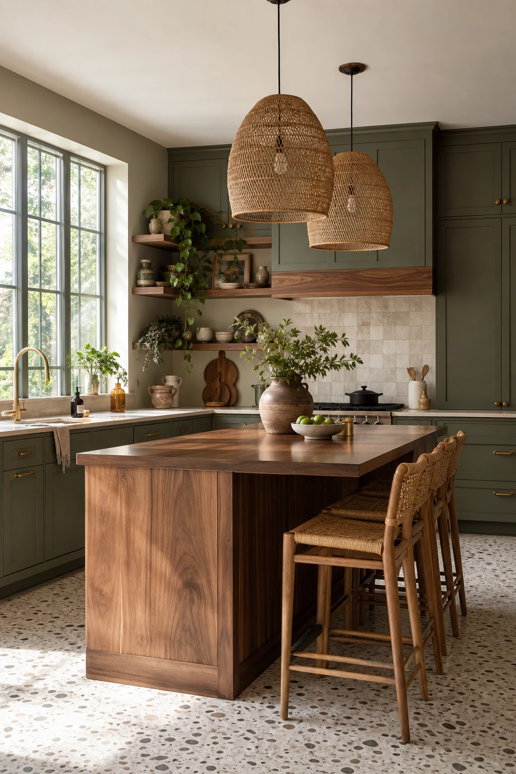 Boho midcentury modern kitchen with sage green cabinets and a warm wood island, rattan pendants, terrazzo floor, and natural light from large windows