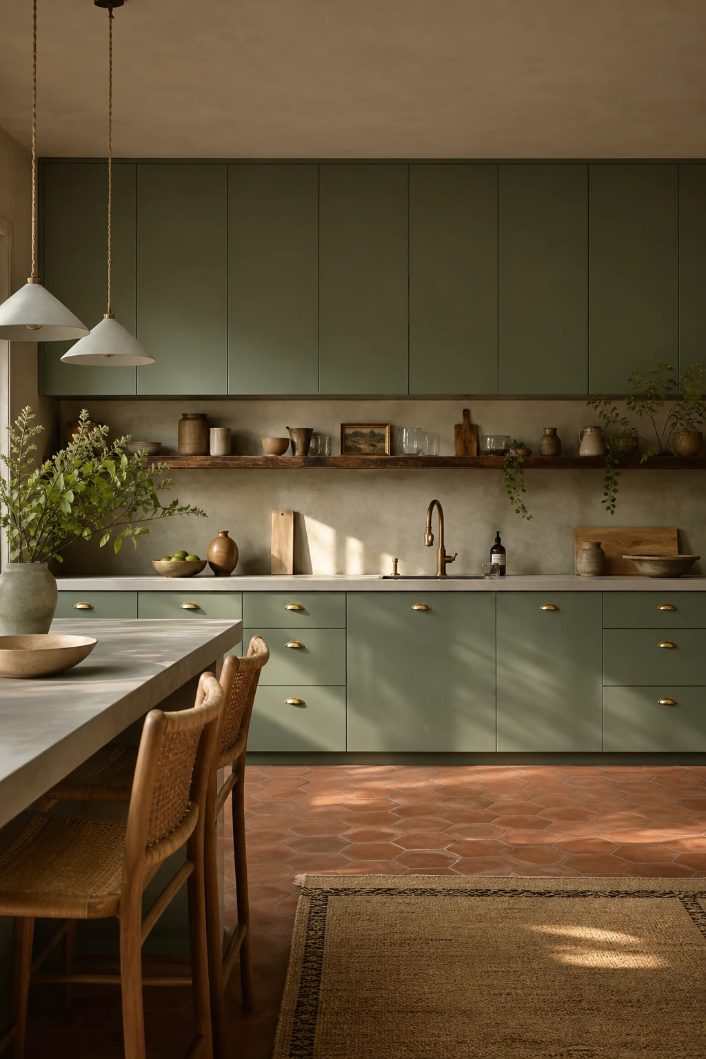 Boho midcentury modern kitchen with sage green flat front cabinets, rattan bar stools, terracotta floor tiles, brass hardware and warm afternoon light