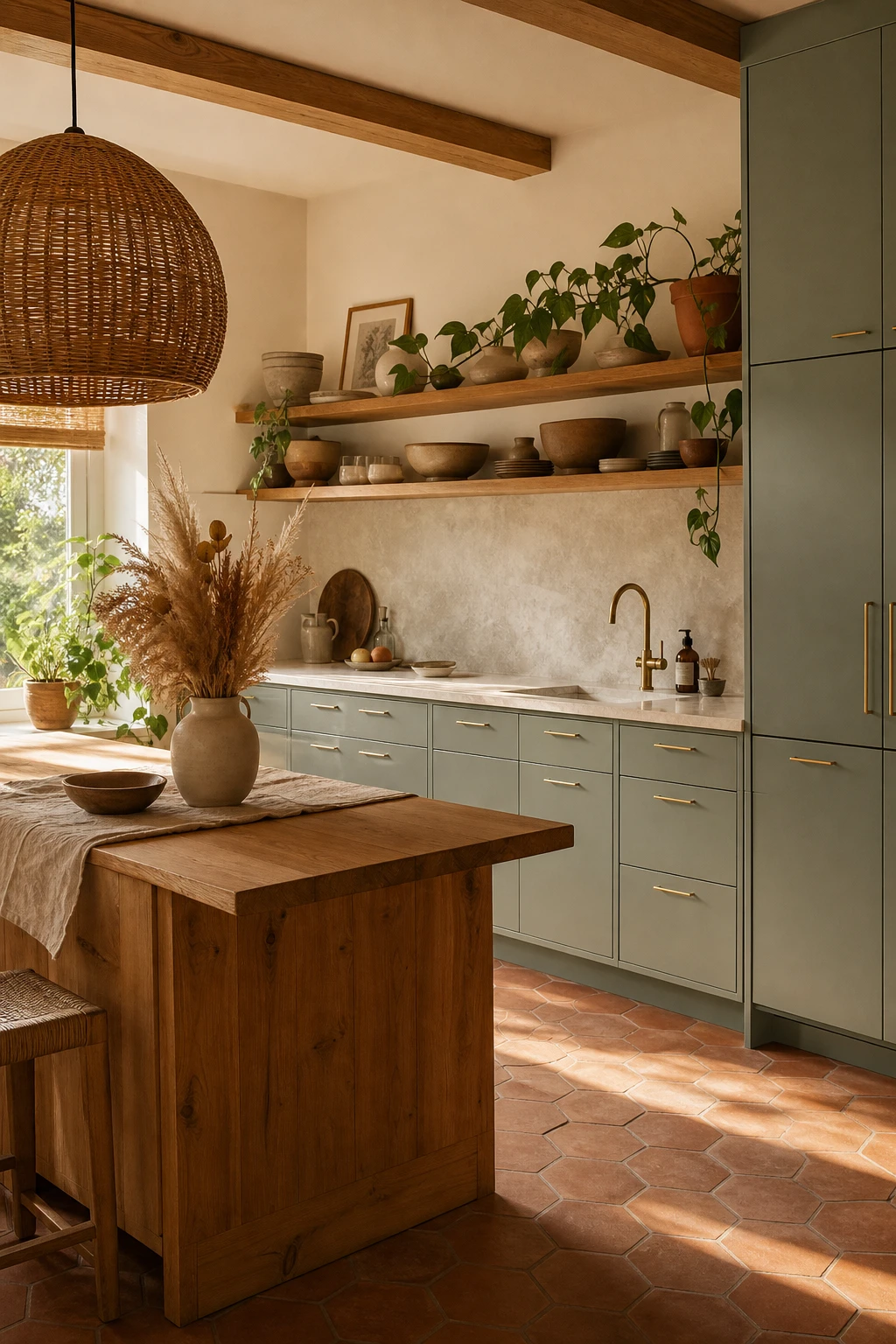 Boho midcentury modern kitchen with sage green flat front cabinets, rattan pendant lights, terracotta tile floor, open shelving with ceramics, and warm afternoon light