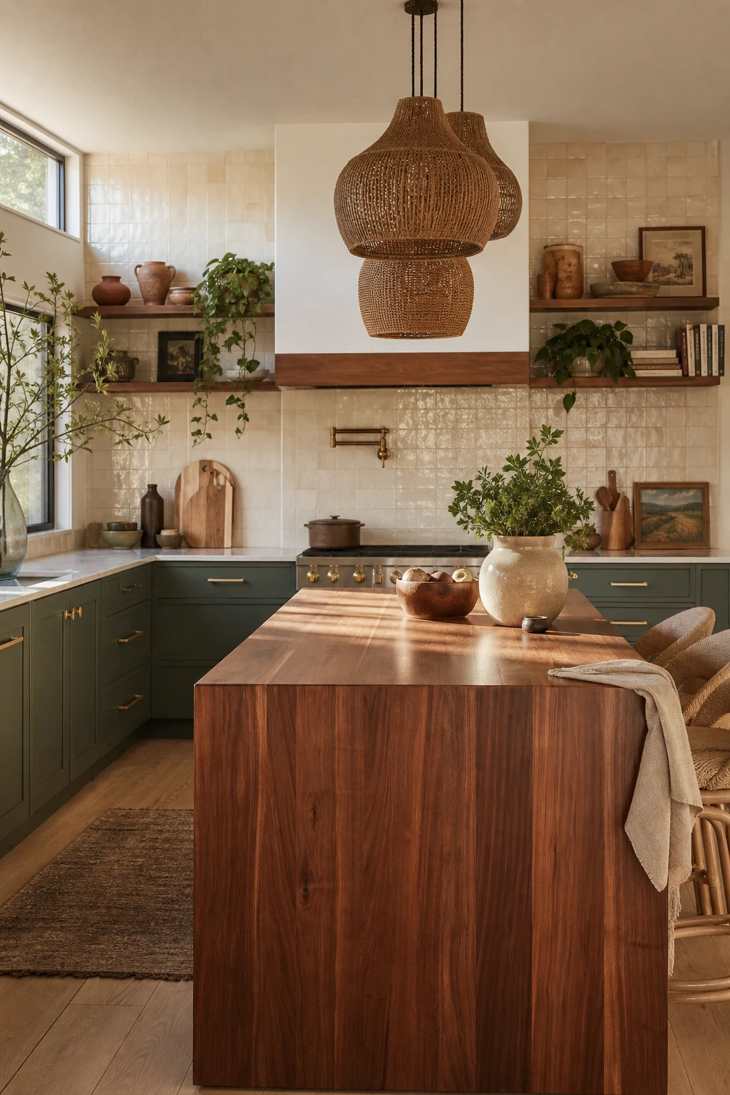 Boho Midcentury Modern Kitchen with sage green lower cabinets and a warm walnut wood island as the hero under pendant lighting