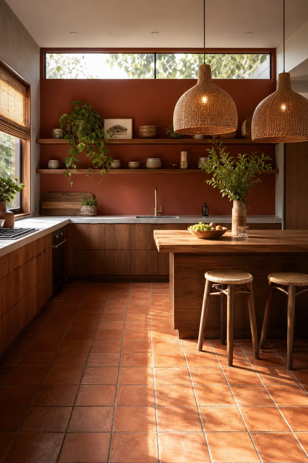 Boho midcentury modern kitchen with terracotta floor tiles as the hero, warm earthy tones, flat front cabinetry, rattan pendant lights, and Farrow & Ball Red Earth walls