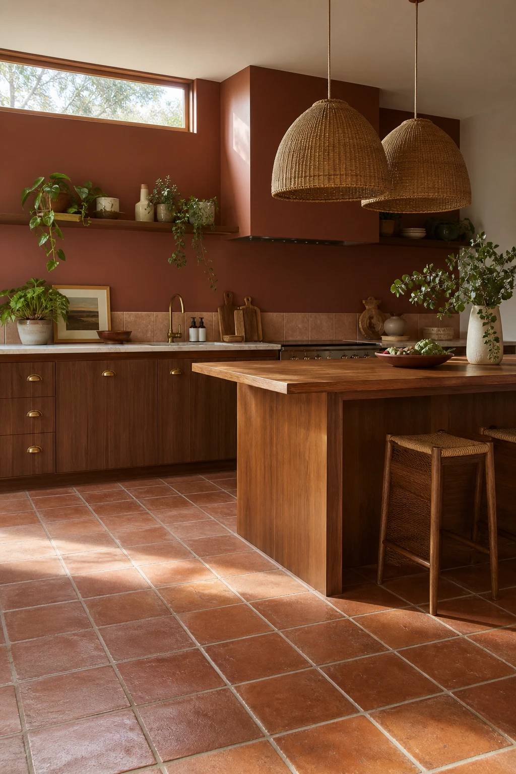 Boho Midcentury Modern Kitchen with terracotta tile floor as hero, warm natural light, walnut cabinetry, rattan pendants, and Farrow & Ball Faded Terracotta walls