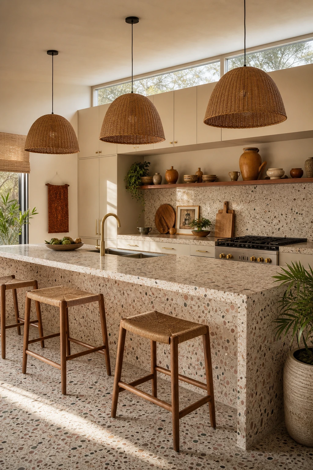 Boho midcentury modern kitchen with terrazzo surfaces as the hero, warm speckled countertop and floor tiles, rattan pendants, and Farrow and Ball Elephants Breath painted cabinetry