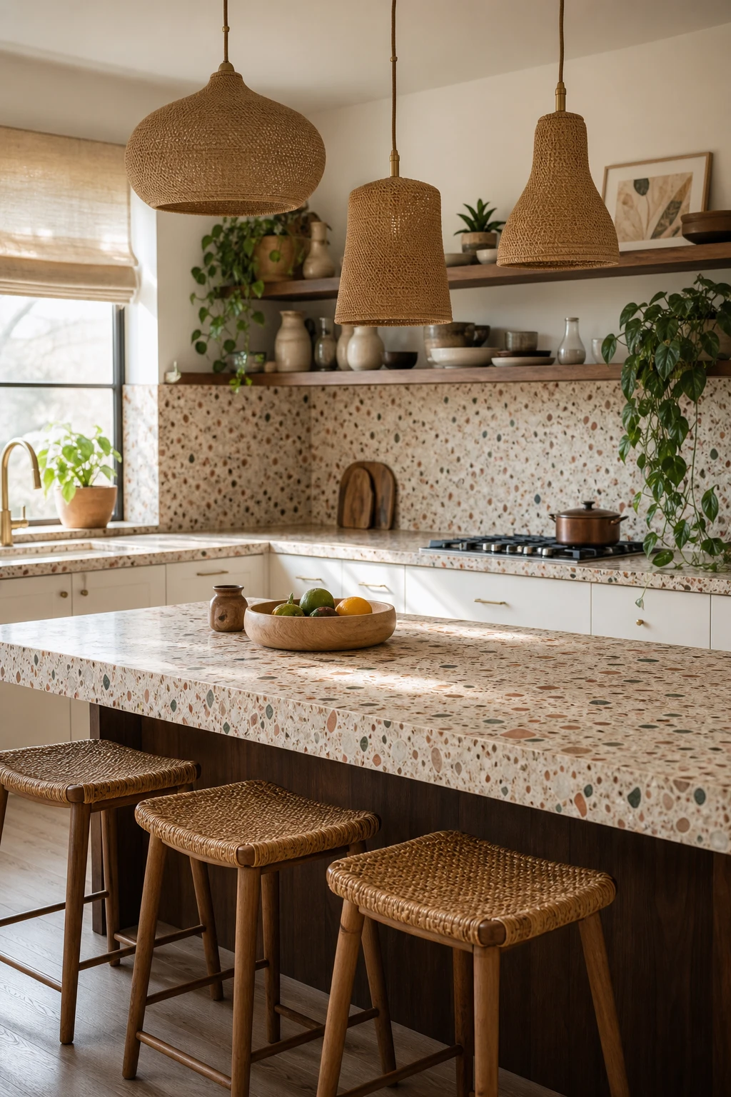 Boho Midcentury Modern Kitchen with terrazzo tile surfaces as the hero, warm neutral cabinetry, rattan stools, brass fixtures, and speckled floor under soft morning light