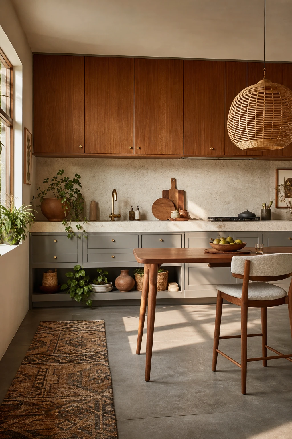 Boho Midcentury Modern kitchen with two tone cabinetry featuring painted lower cabinets in French Gray and warm wood upper doors, natural light from a side window