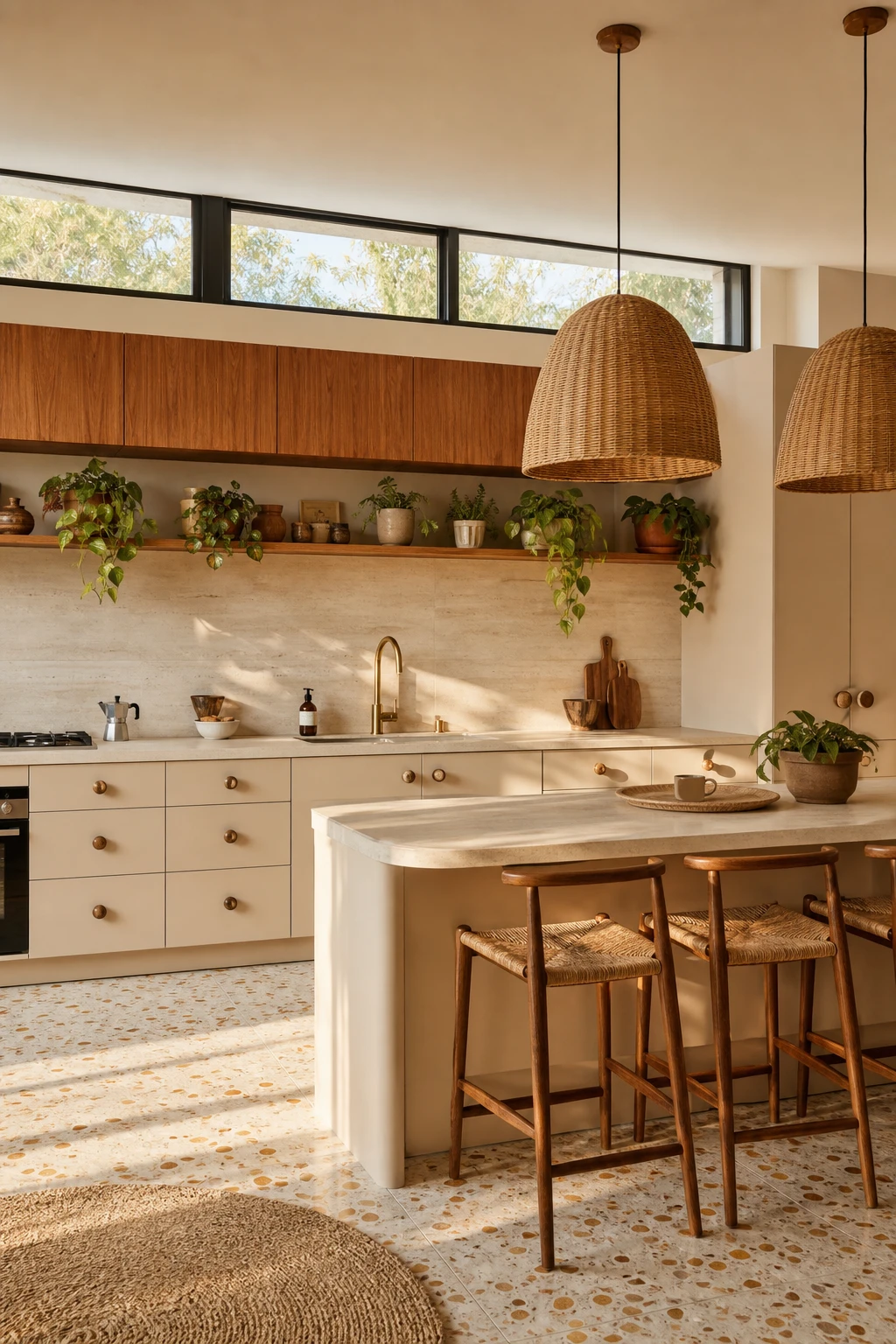 Boho midcentury modern kitchen with two tone cabinets featuring painted lower cabinets in warm neutral and natural wood upper doors, terrazzo floor, rattan pendants