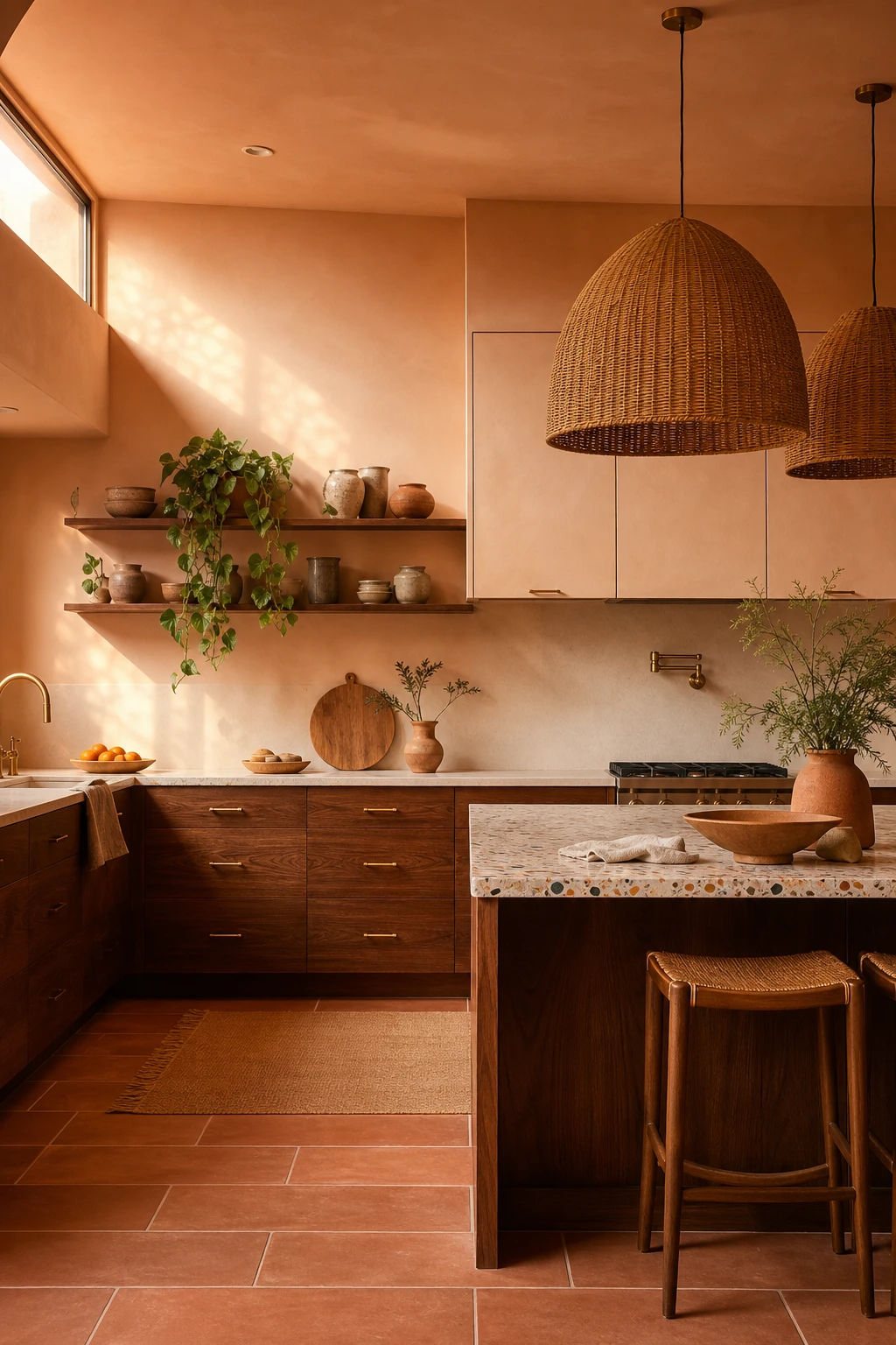 Boho Midcentury Modern Kitchen with warm peach Setting Plaster walls glowing under afternoon light, walnut cabinetry, rattan pendants and terracotta floor tiles
