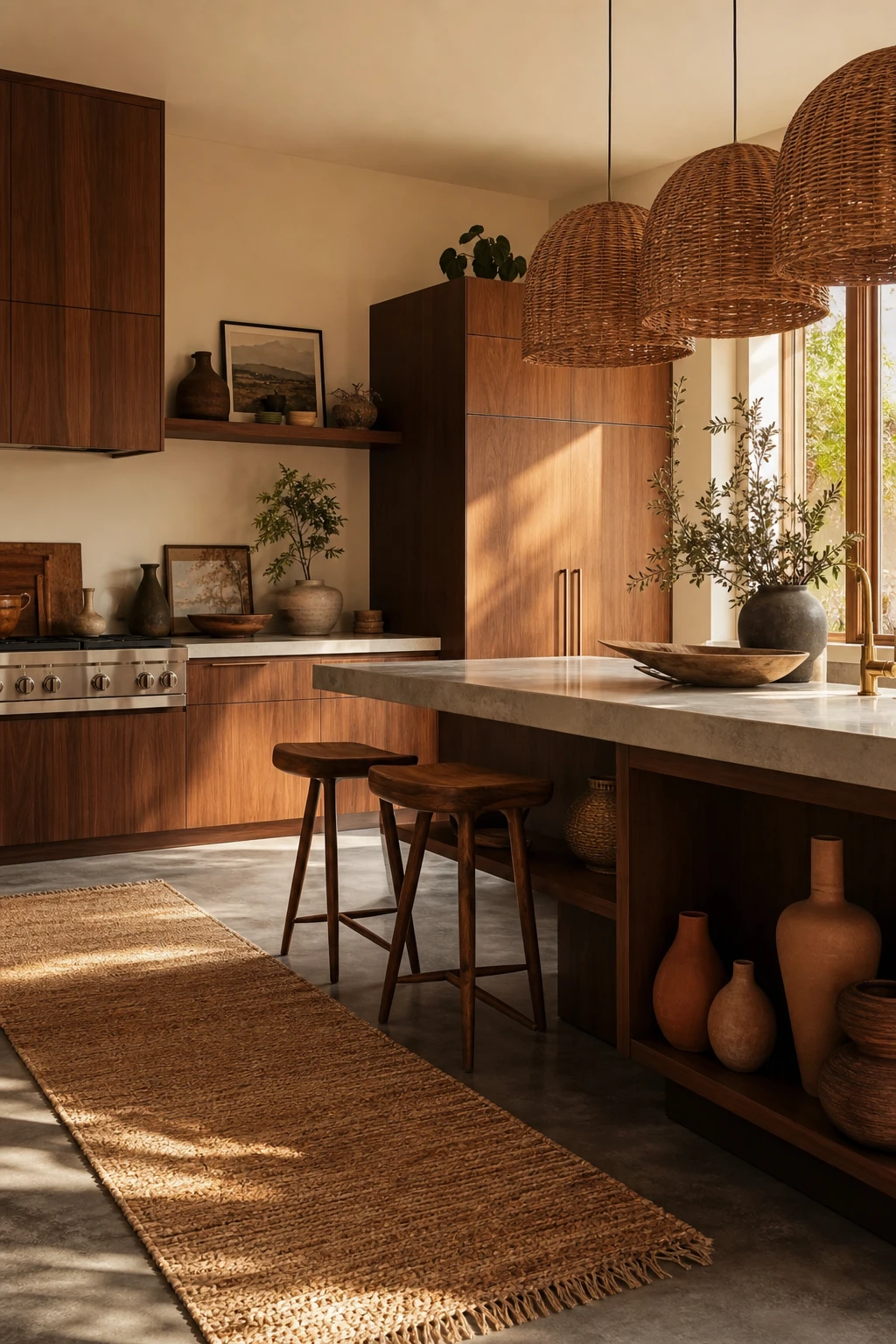 Boho Midcentury Modern Kitchen with warm style blending, flat front cabinetry, rattan pendants, terracotta accents and Drop Cloth walls in soft natural light