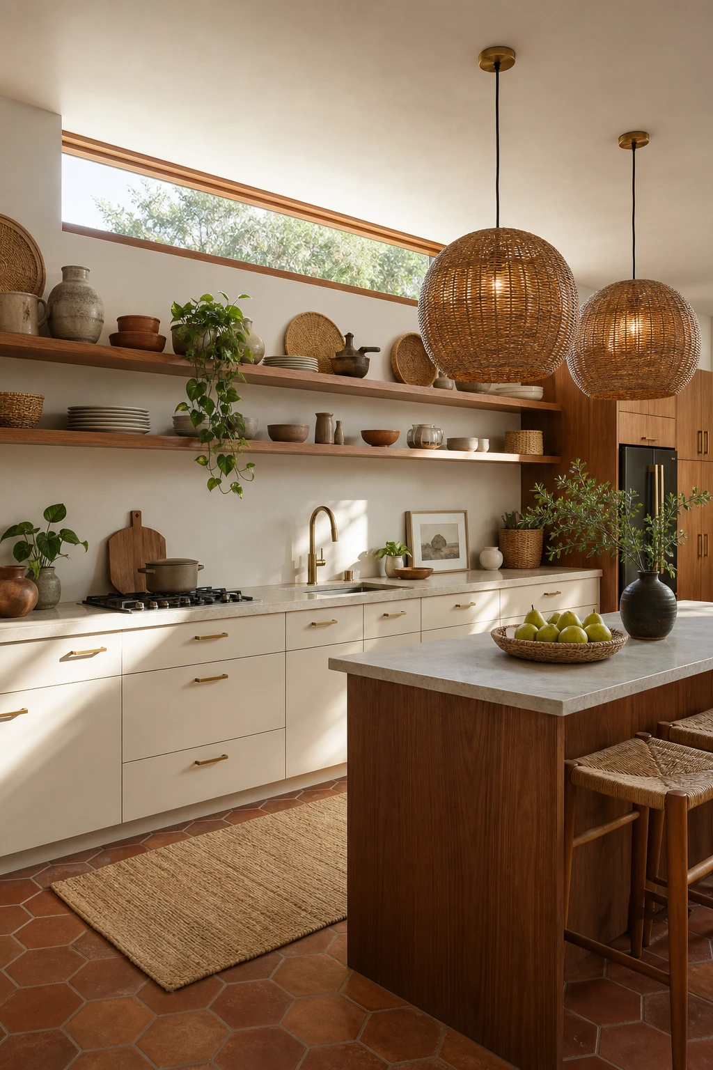 Boho Midcentury Modern Kitchen with white cabinet base painted Farrow and Ball Pointing, rattan pendants, terracotta tiles, open shelving and woven accents