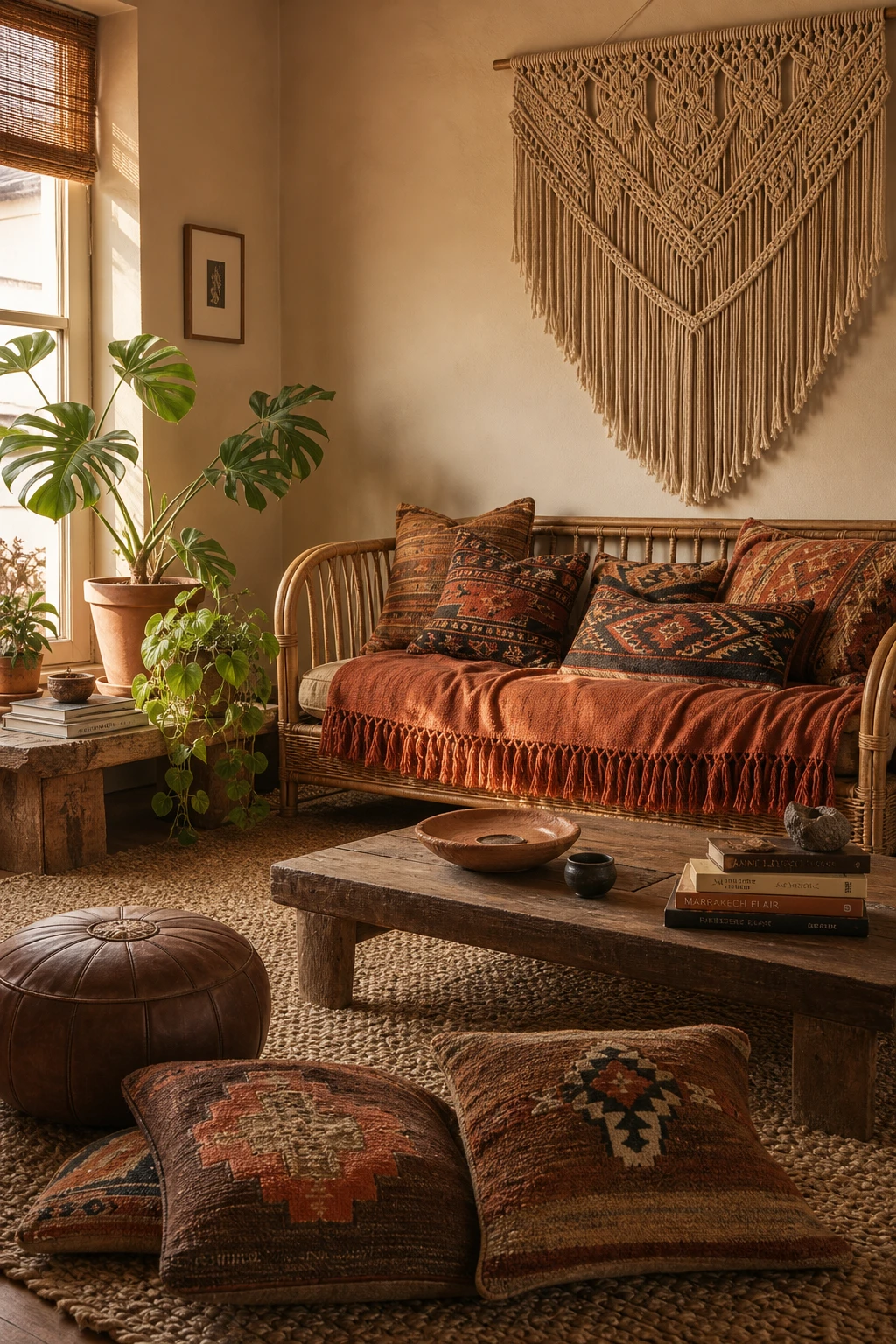 Boho styled brown and orange living room with layered textiles, rattan furniture, macrame wall hanging, and warm Farrow and Ball Naperon painted walls
