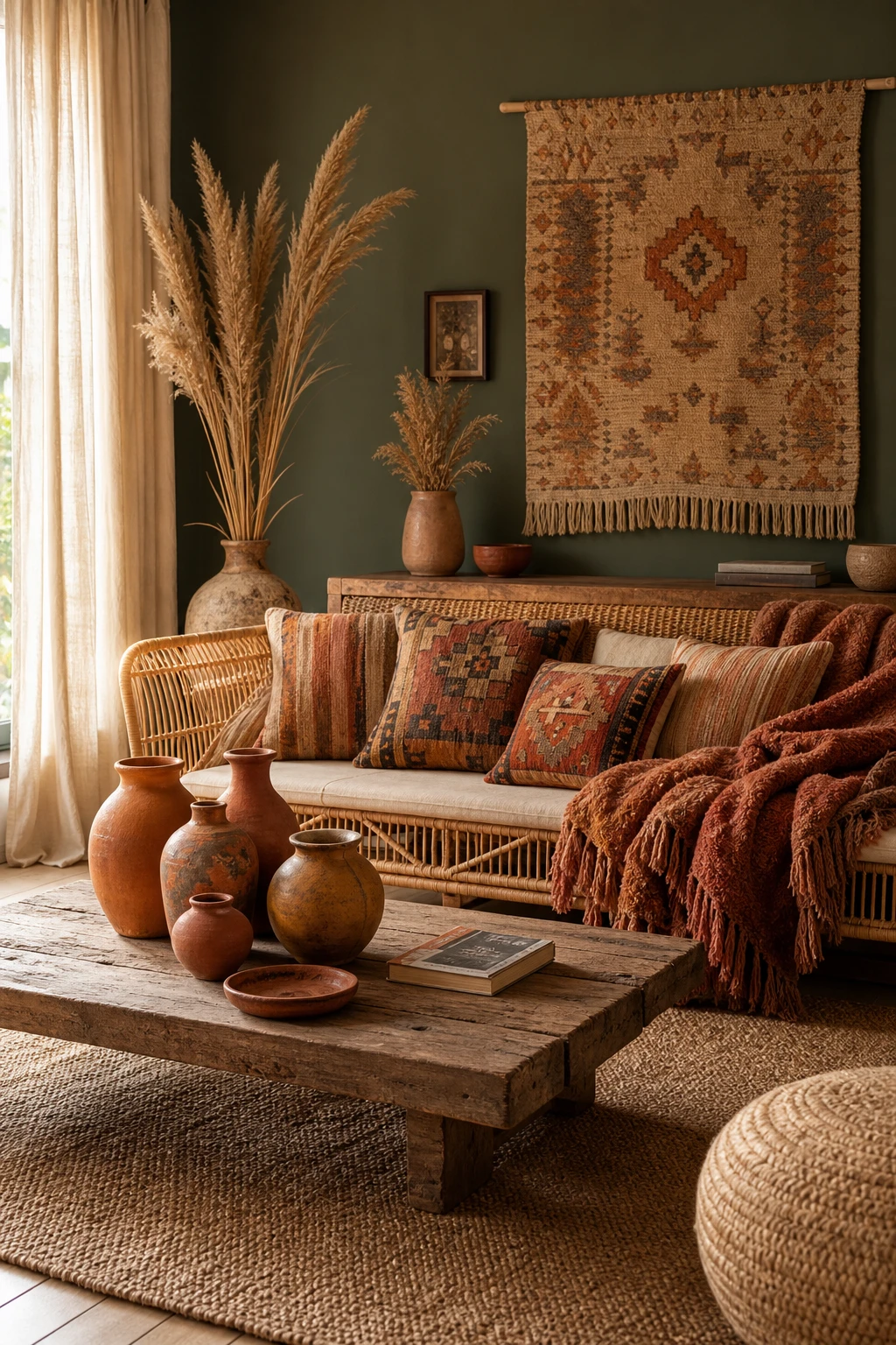 Boho styled dark green and terracotta living room with layered textiles, rattan furniture, handmade pottery and Farrow and Ball Green Smoke painted walls