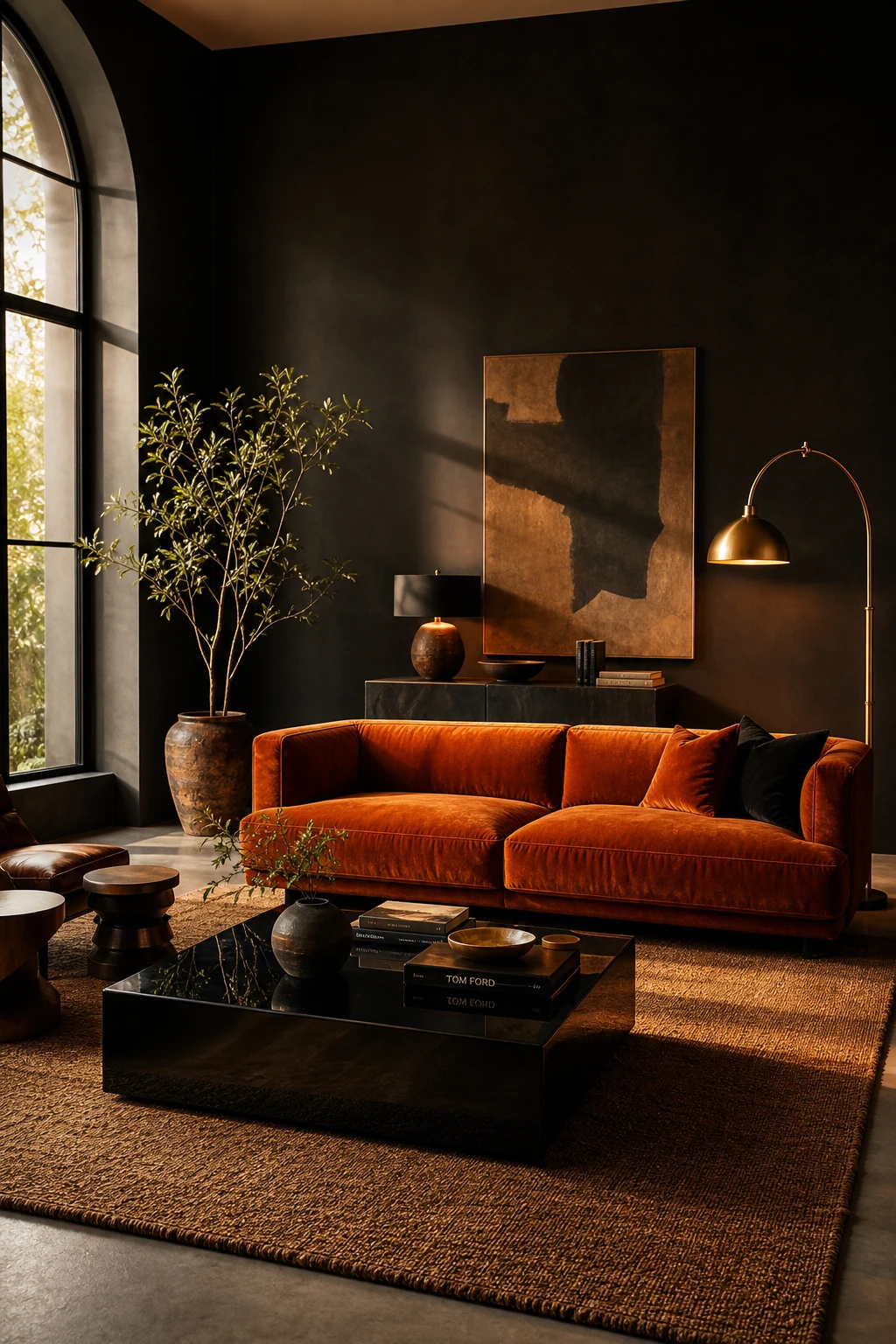 Bold brown and orange living room with black accent wall, deep orange sofa, black framed windows, and warm brass lighting at golden hour
