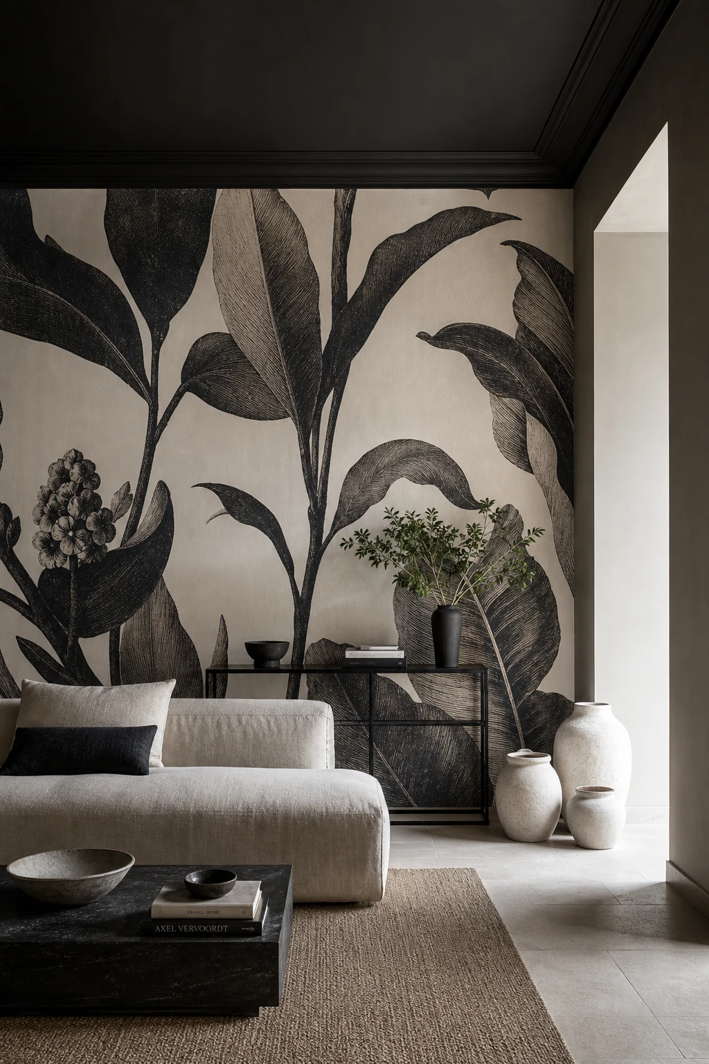 Bold charcoal and cream large scale botanical print wallpaper in a black and cream interior with dramatic pattern repeats reading as wall art