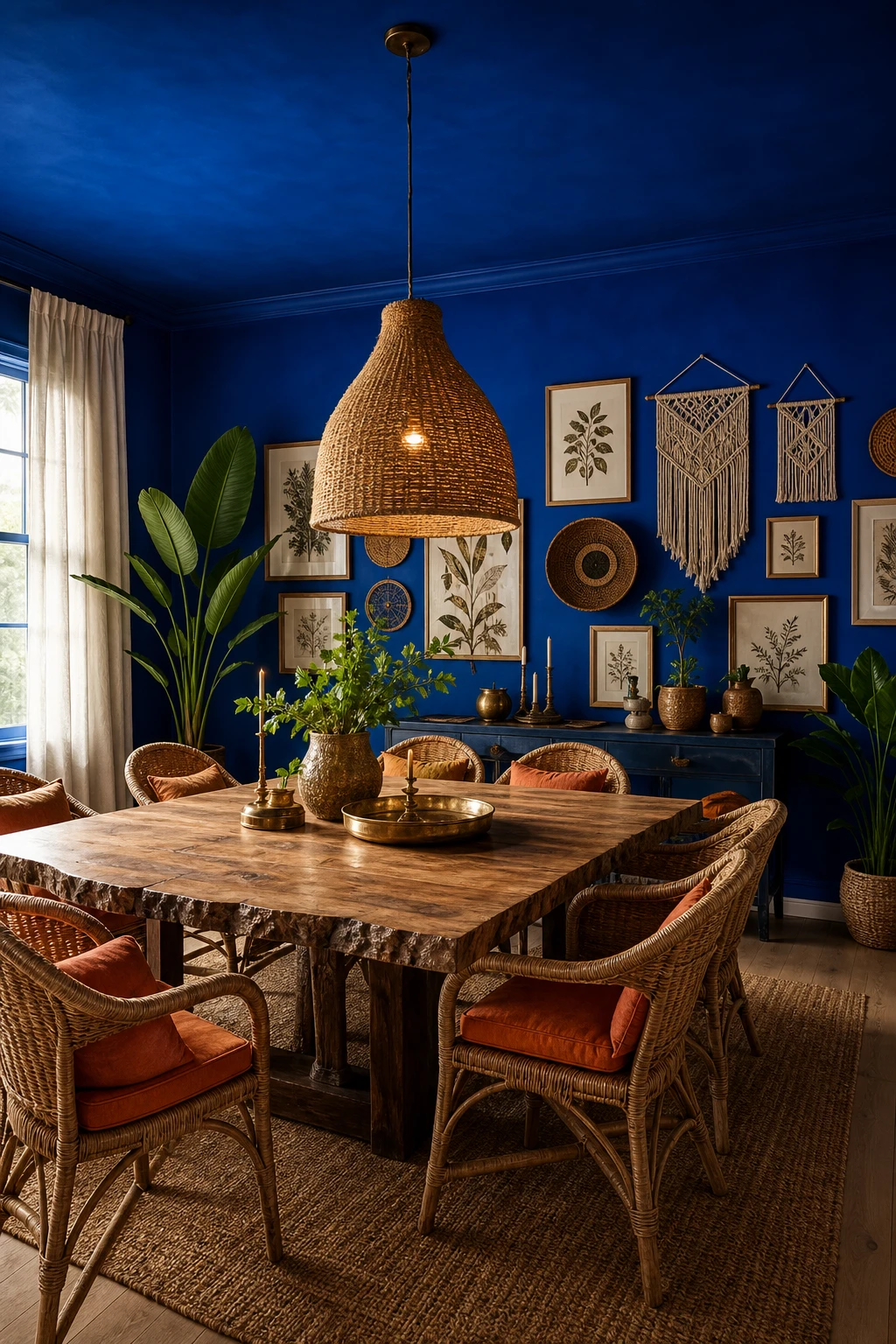 Bright electric blue boho dining room with Ultra Marine Blue walls, rattan pendant, woven chairs, layered textiles and warm afternoon light through sheer curtains