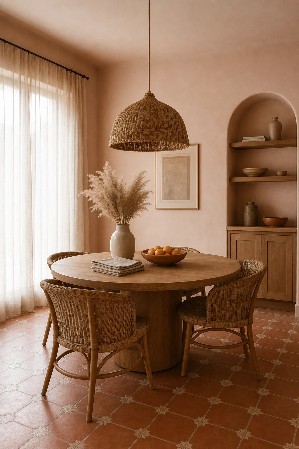 Bright modern terracotta dining room with pale terracotta walls, rattan chairs, linen curtains, and a round oak table under a woven pendant light