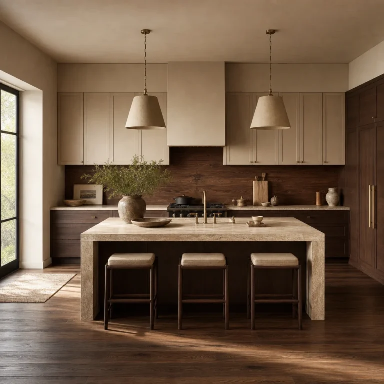 Brown and beige kitchen with dark walnut lower cabinets, almond beige uppers, travertine island countertop, walnut backsplash and dark oak floors in warm morning light.