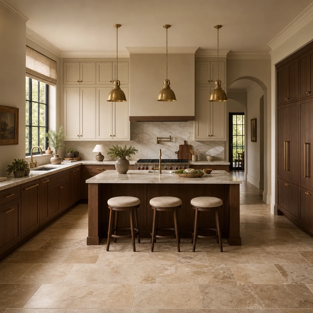 Brown and beige kitchen with matte walnut lower cabinets, almond beige uppers, a veined marble countertop, travertine tile floor, and aged brass pendants in warm afternoon light.