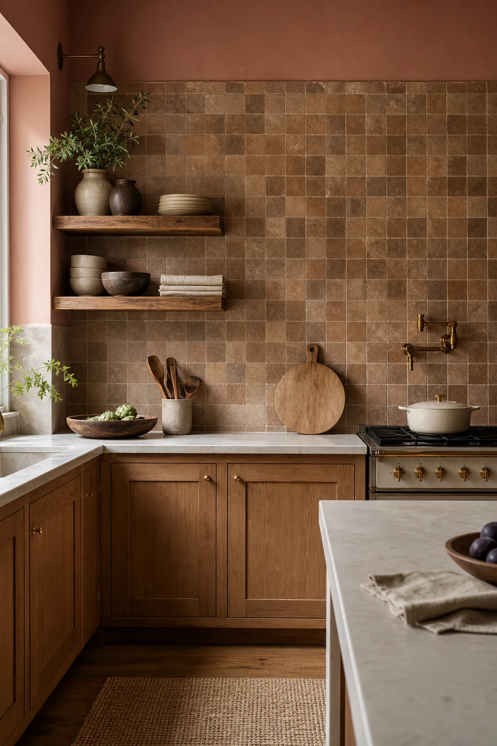 Brown and beige kitchen with a brown tile backsplash as the hero, warm cabinetry, stone countertops, open shelving, and soft terracotta wall paint