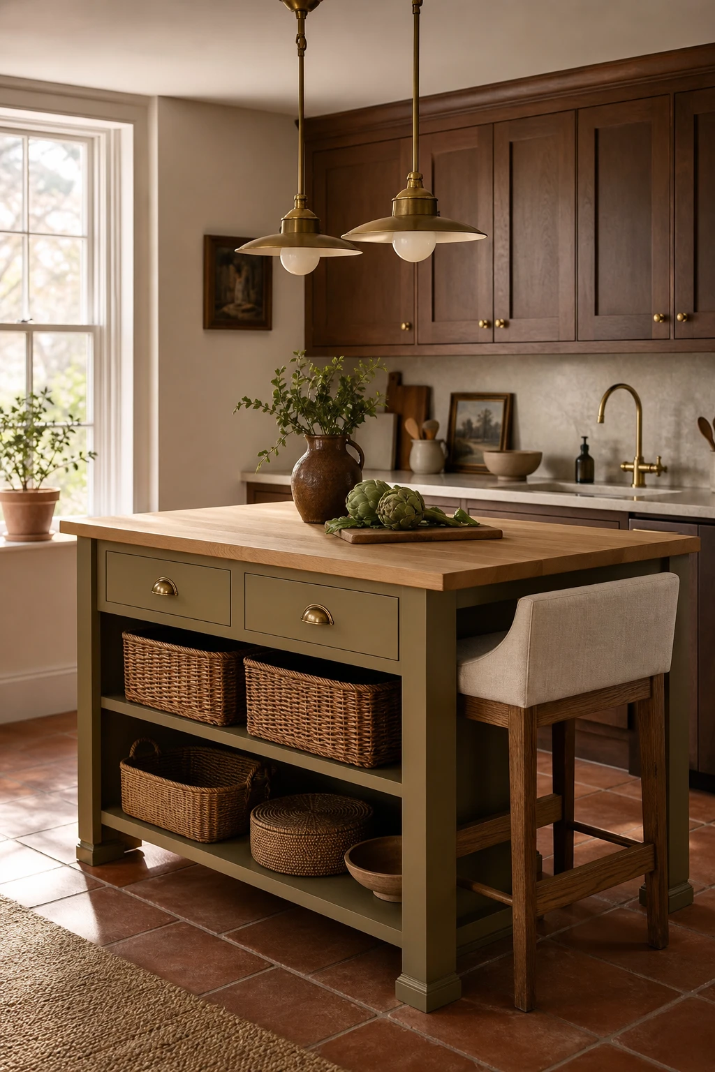 Brown and beige kitchen with a small island featuring open shelving and drawer storage, painted in Farrow and Ball Cardamom with warm natural light