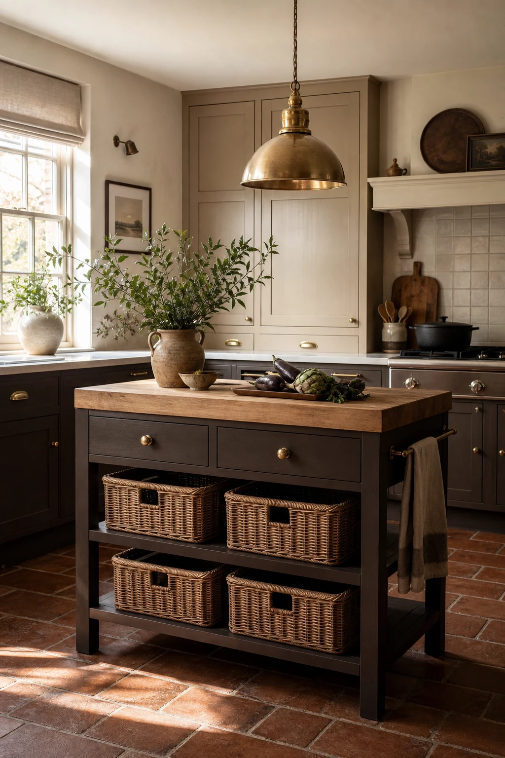 Brown and beige kitchen with a small storage island as the hero, open lower shelves, butcher block top, and Farrow and Ball Cola painted cabinetry
