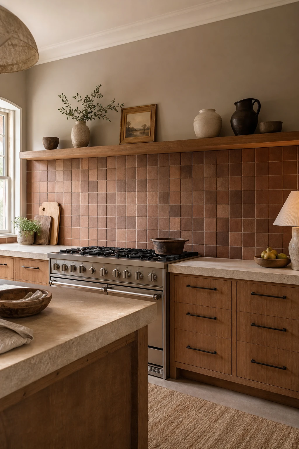 Brown and beige kitchen with a textured brown tile backsplash as the hero, warm cabinetry, stone countertops, and Farrow and Ball London Stone painted walls