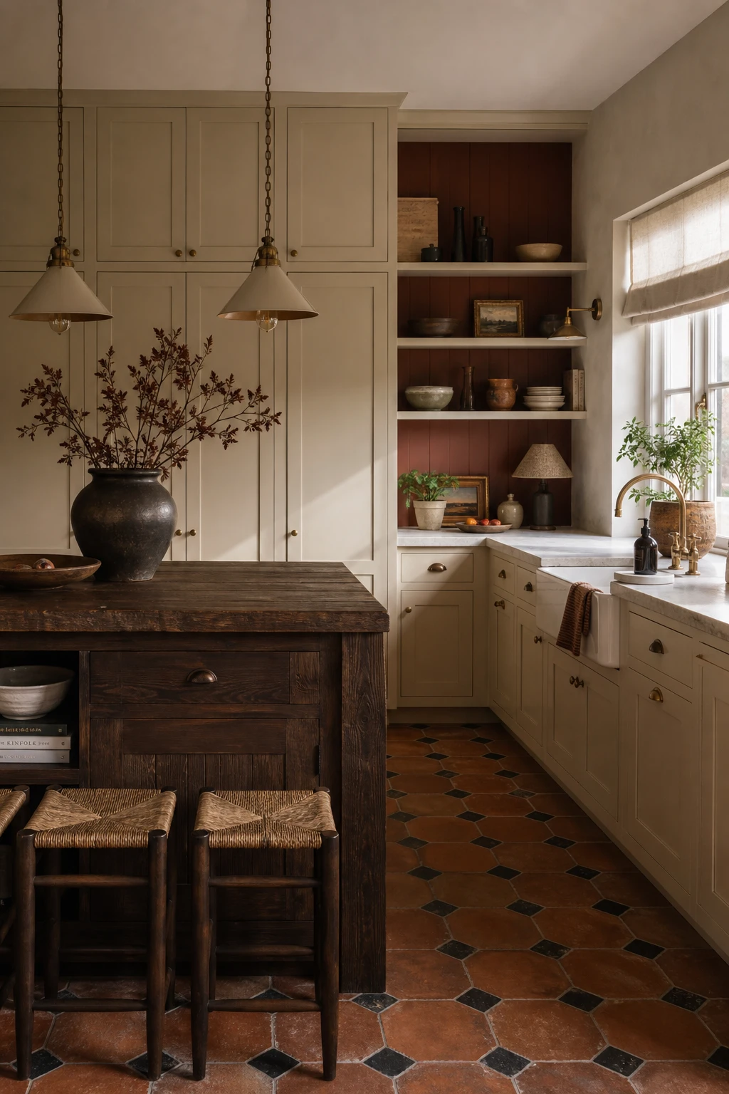 Brown and beige kitchen with almond beige cabinets as hero, warm earthy tones, natural light, Book Room Red accent wall, magazine quality interior photography