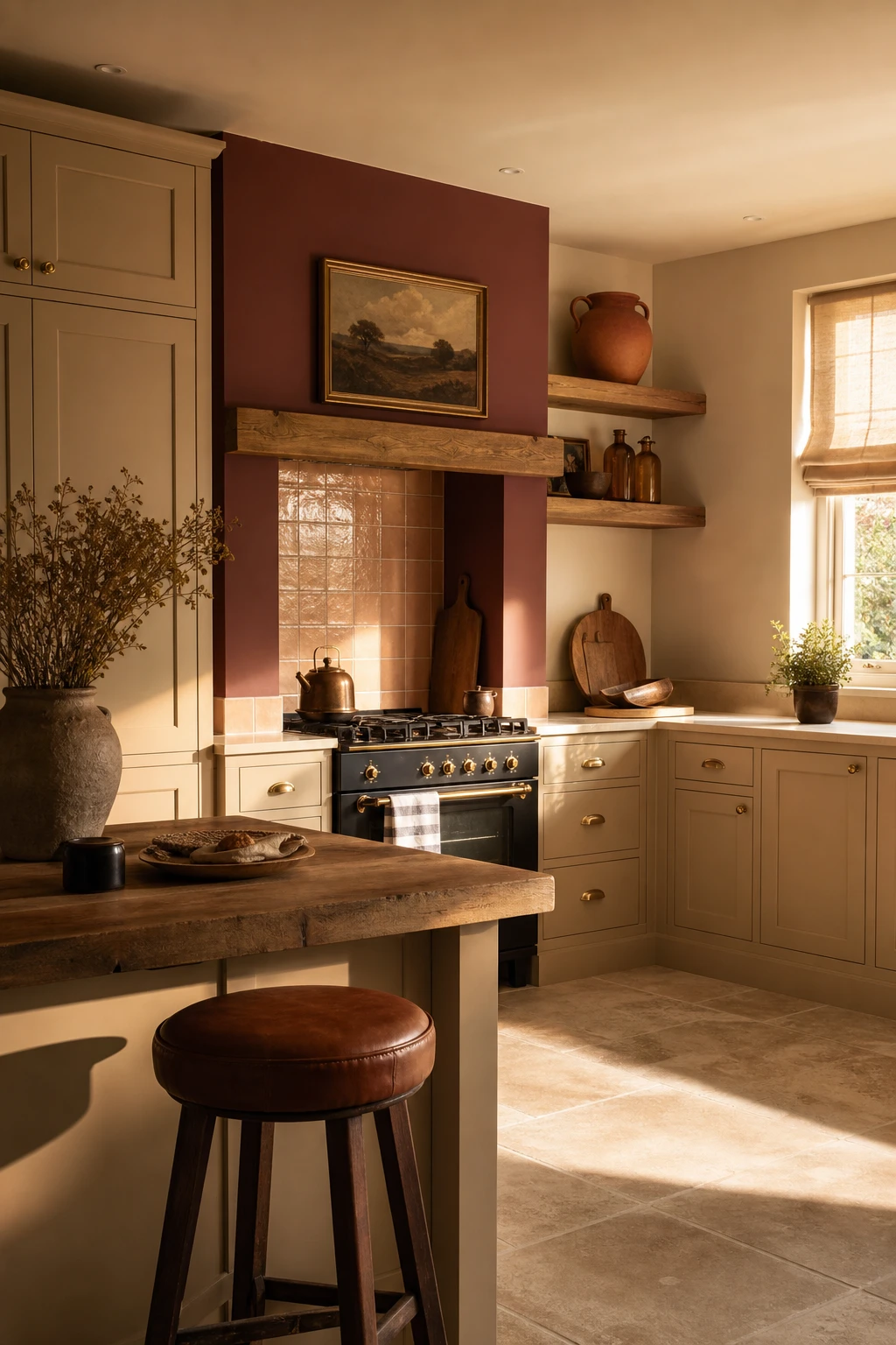Brown and beige kitchen with almond beige shaker cabinets, warm honeyed glow, terracotta accents, and Farrow and Ball Book Room Red on a feature wall