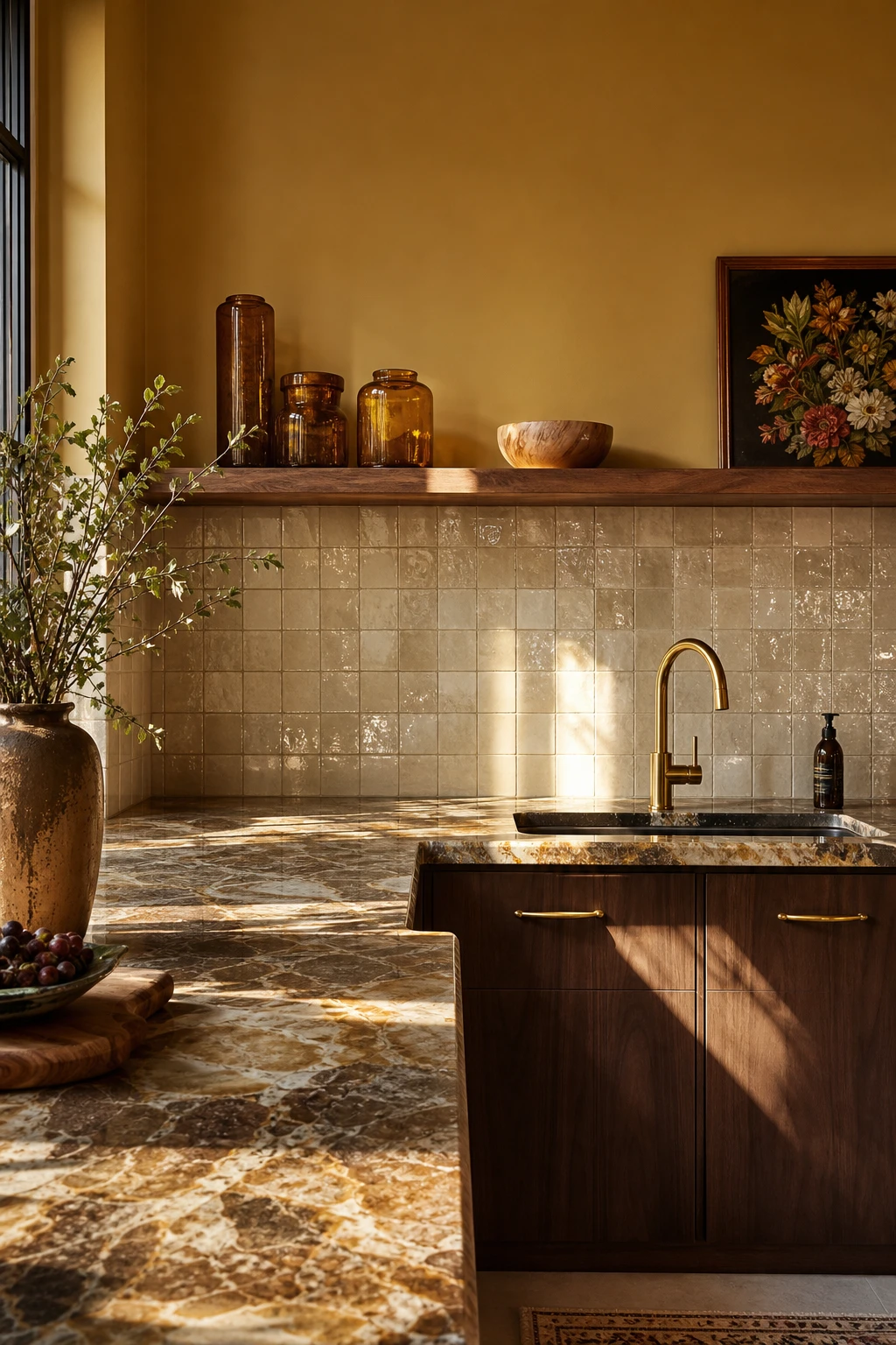 Brown and beige kitchen with brown and gold details including brass hardware, warm cabinetry, and Farrow and Ball India Yellow painted upper walls in soft natural light