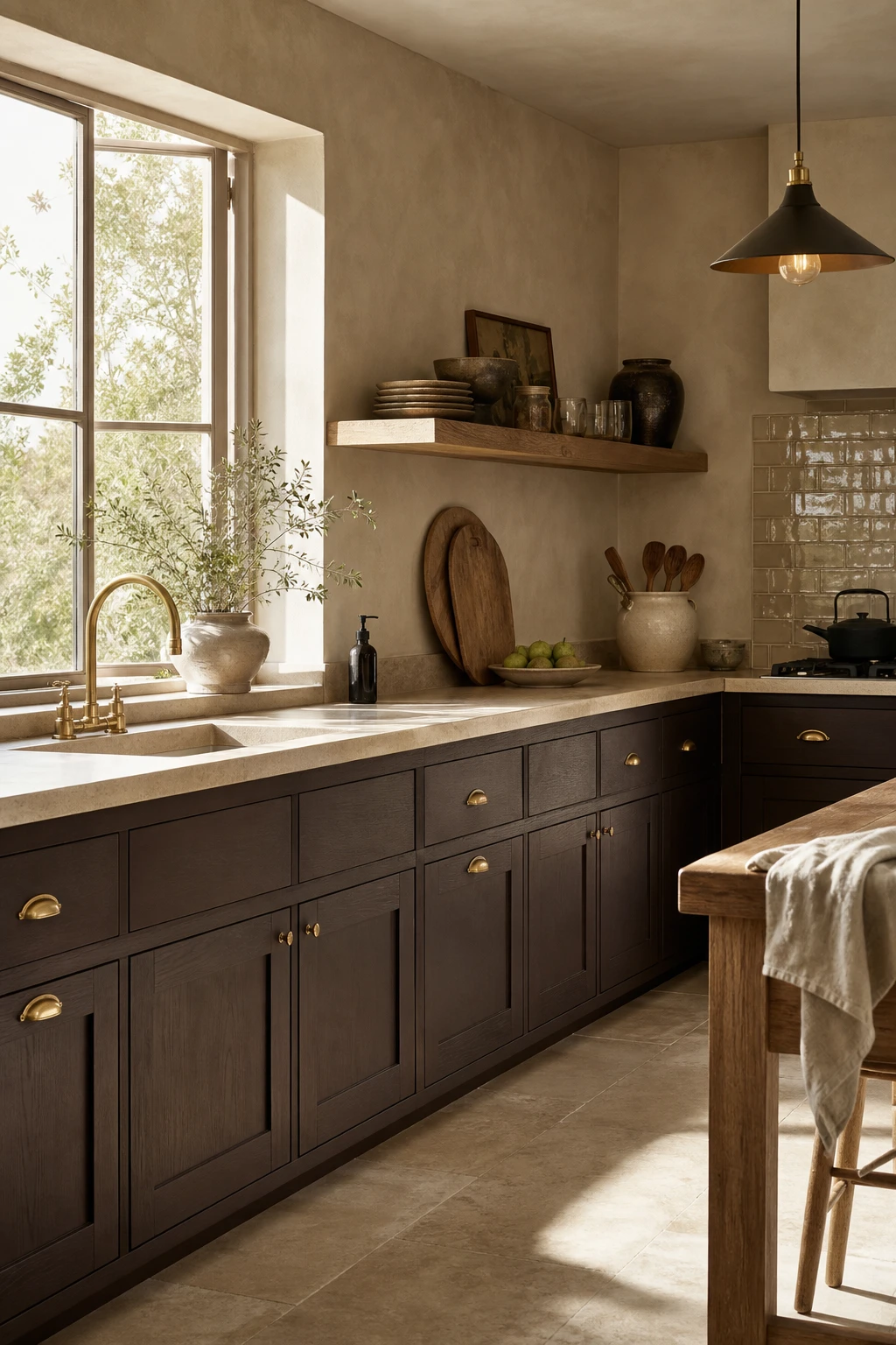 Brown and beige kitchen with coffee colored lower cabinets in warm mid depth brown, beige upper walls, brass hardware, stone countertops and natural wood open shelving