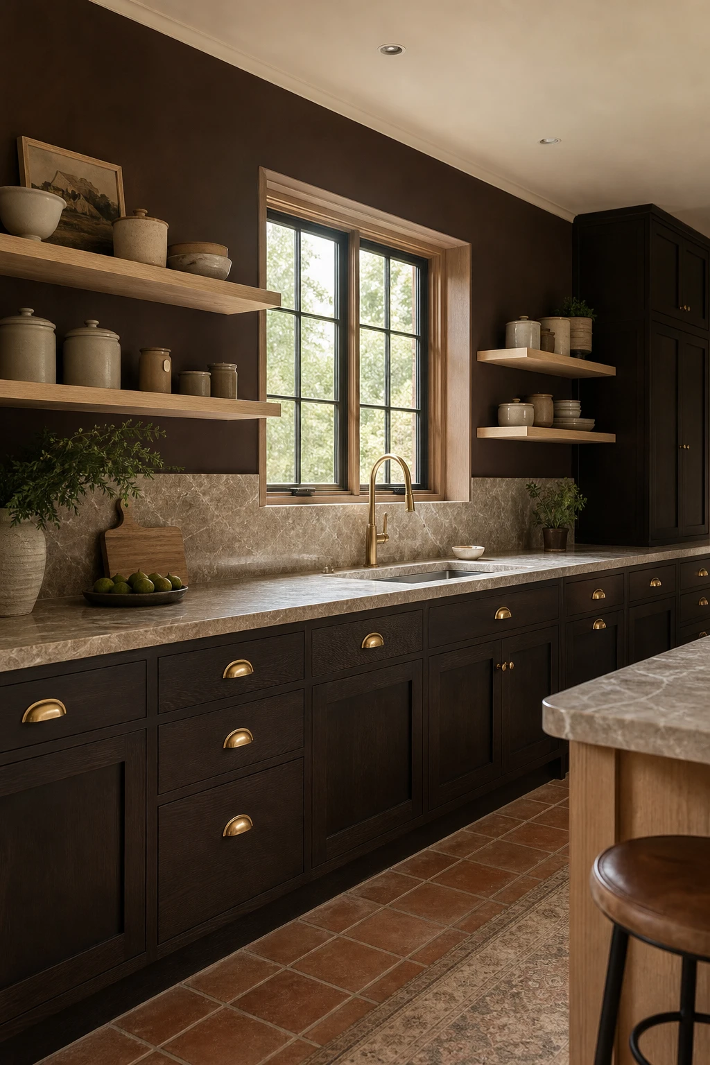 Brown and beige kitchen with coffee tone cabinets, warm brass hardware, stone countertops, and natural light from a window over the sink