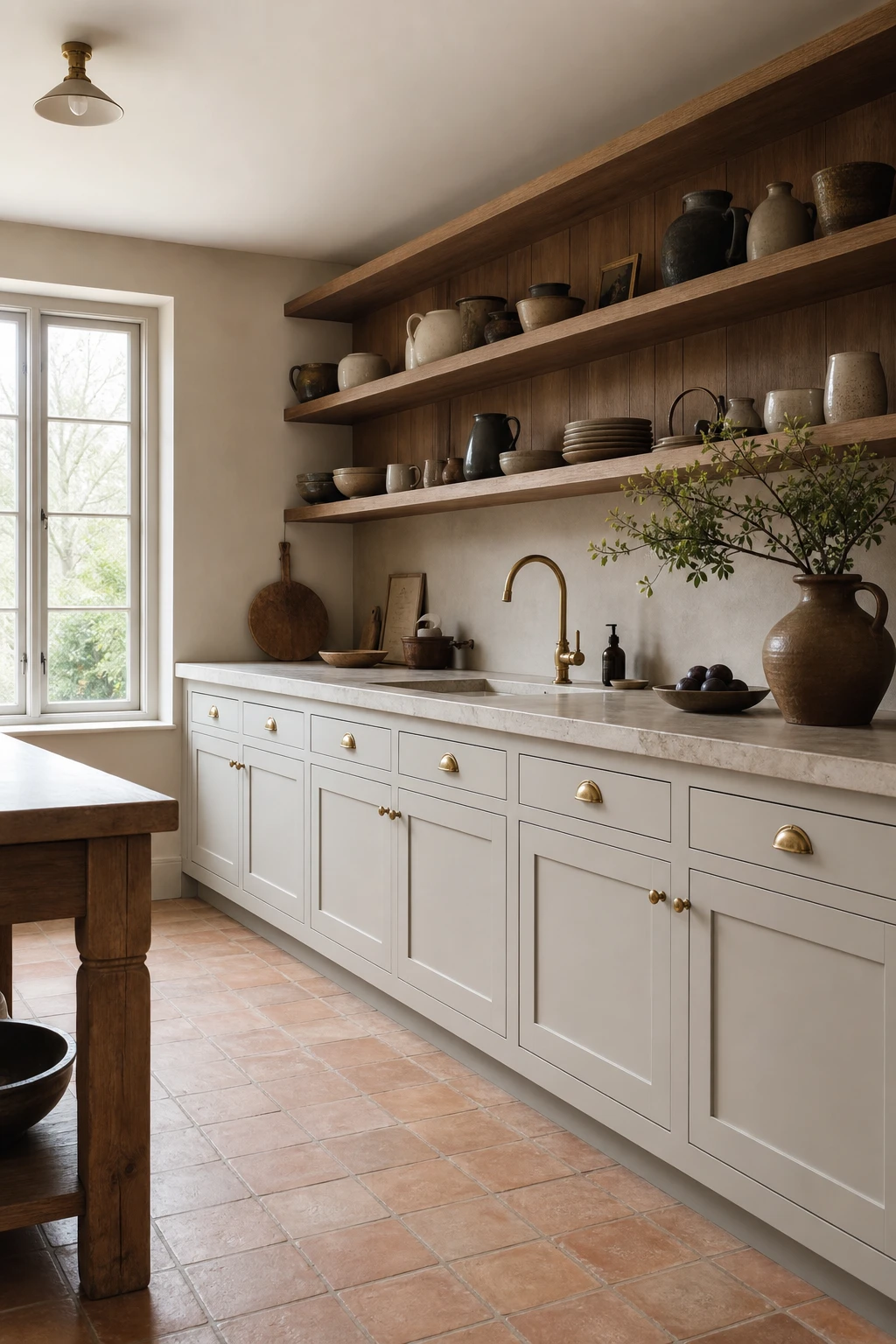 Brown and beige kitchen with cool tone contrast, Cornforth White cabinetry against warm walnut shelves, stone countertops, and brass hardware in soft natural light